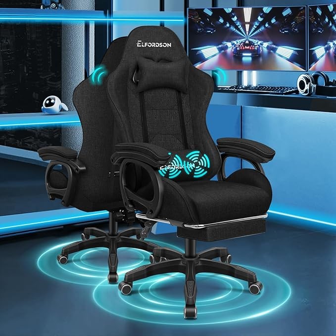 ELFORDSON Gaming Chair w/ Massage Lumbar Cushion Black