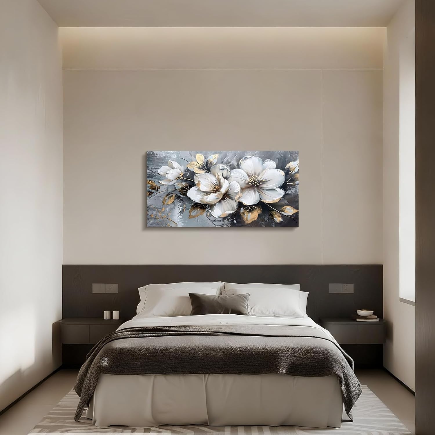 Large White Floral Canvas Wall Art 100x50cm Modern Botanical