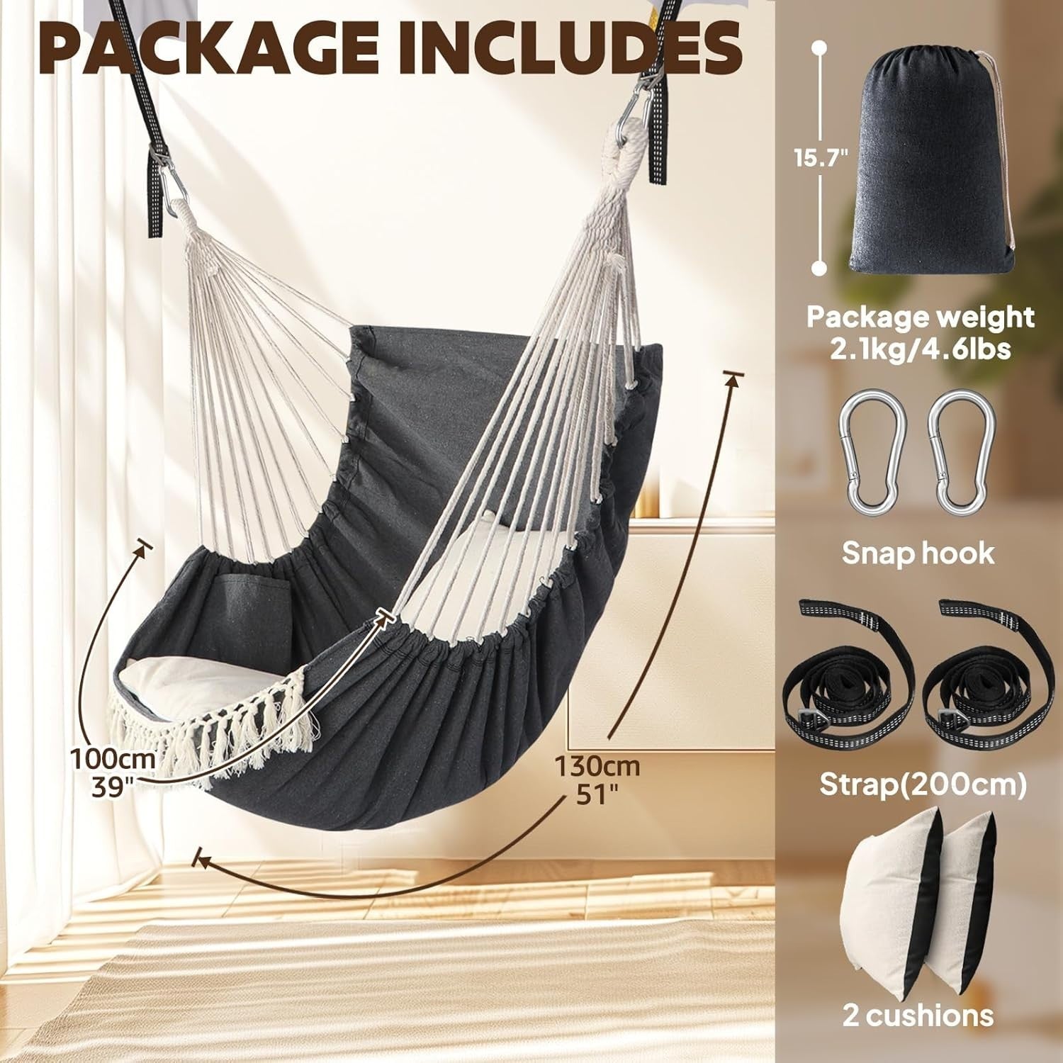 Double Hammock Chair with 2 Cushions & Straps | 500kg Heavy Duty Indoor Swing