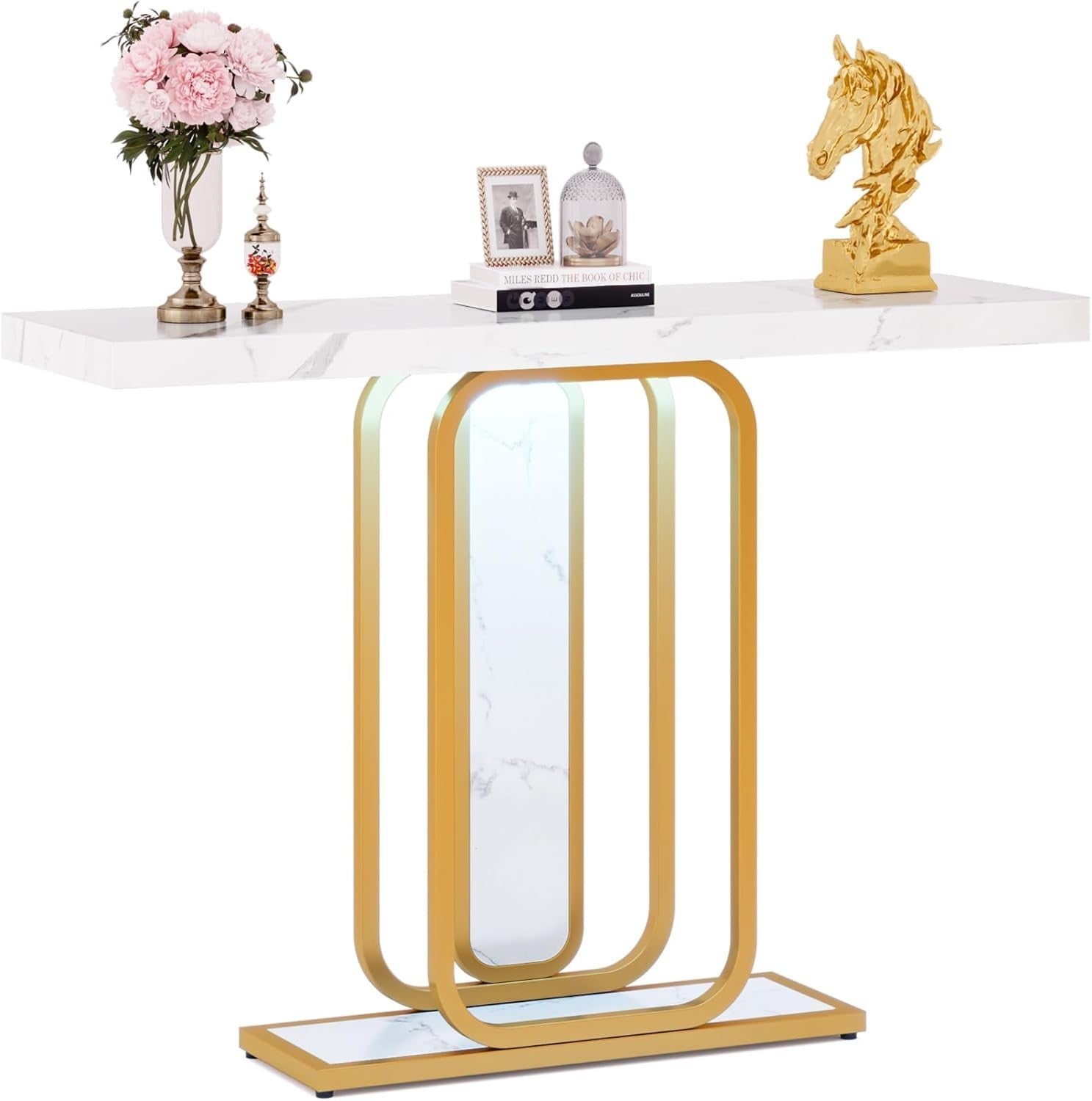 Modern White & Gold Console Table 41.3" Entryway, Faux Marble, Sturdy Metal Legs