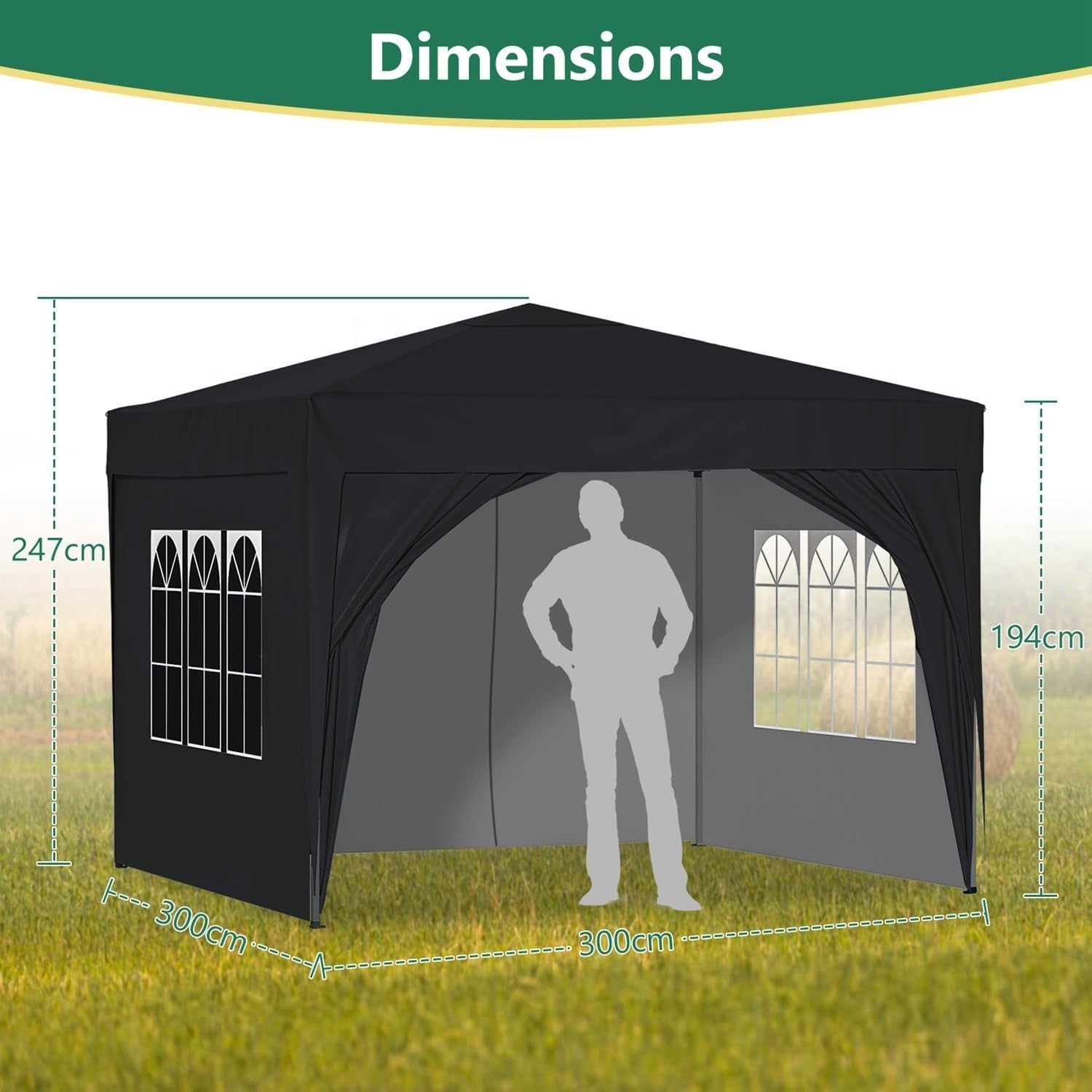 3x3M Waterproof Pop Up Gazebo With Sides Outdoor Garden Party Tent Black