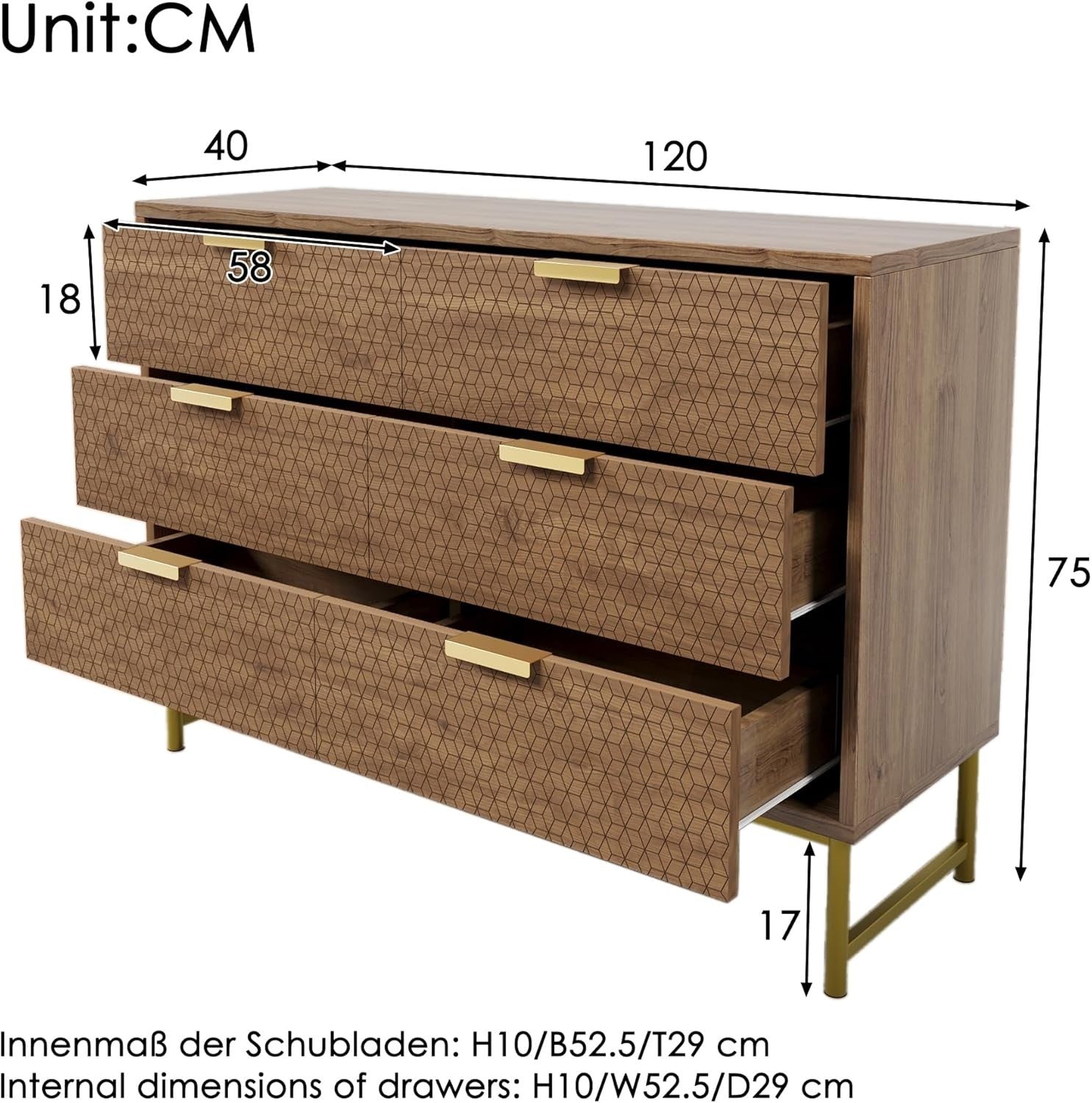 120cm Walnut Sideboard Chest with 6 Drawers for Hallway or Bedroom
