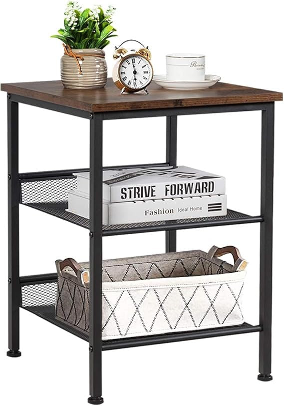 Industrial Side Table with Metal Mesh Shelves, Rustic 3 Tier Storage Stand