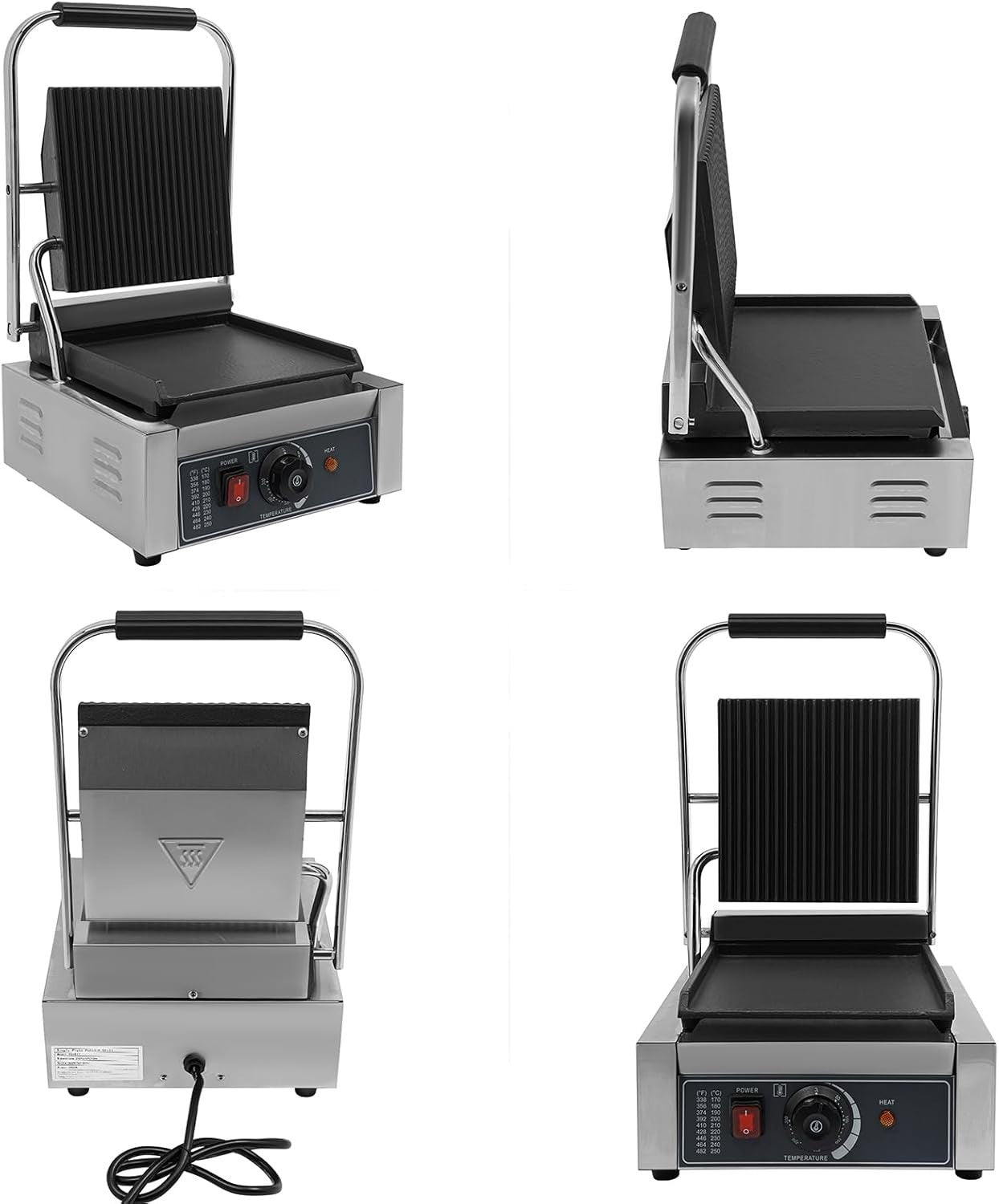 Commercial Panini Press Grill Adjustable Temp Double-Sided Plates