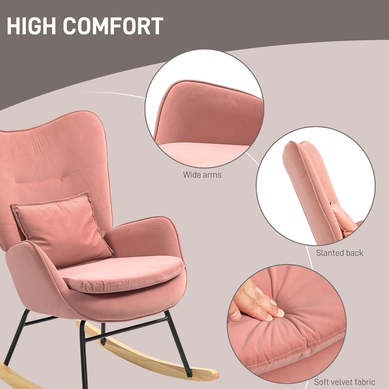 Velvet Rocking Chair with Lumbar Pillow, Wooden Rocker & Metal Legs - Pink