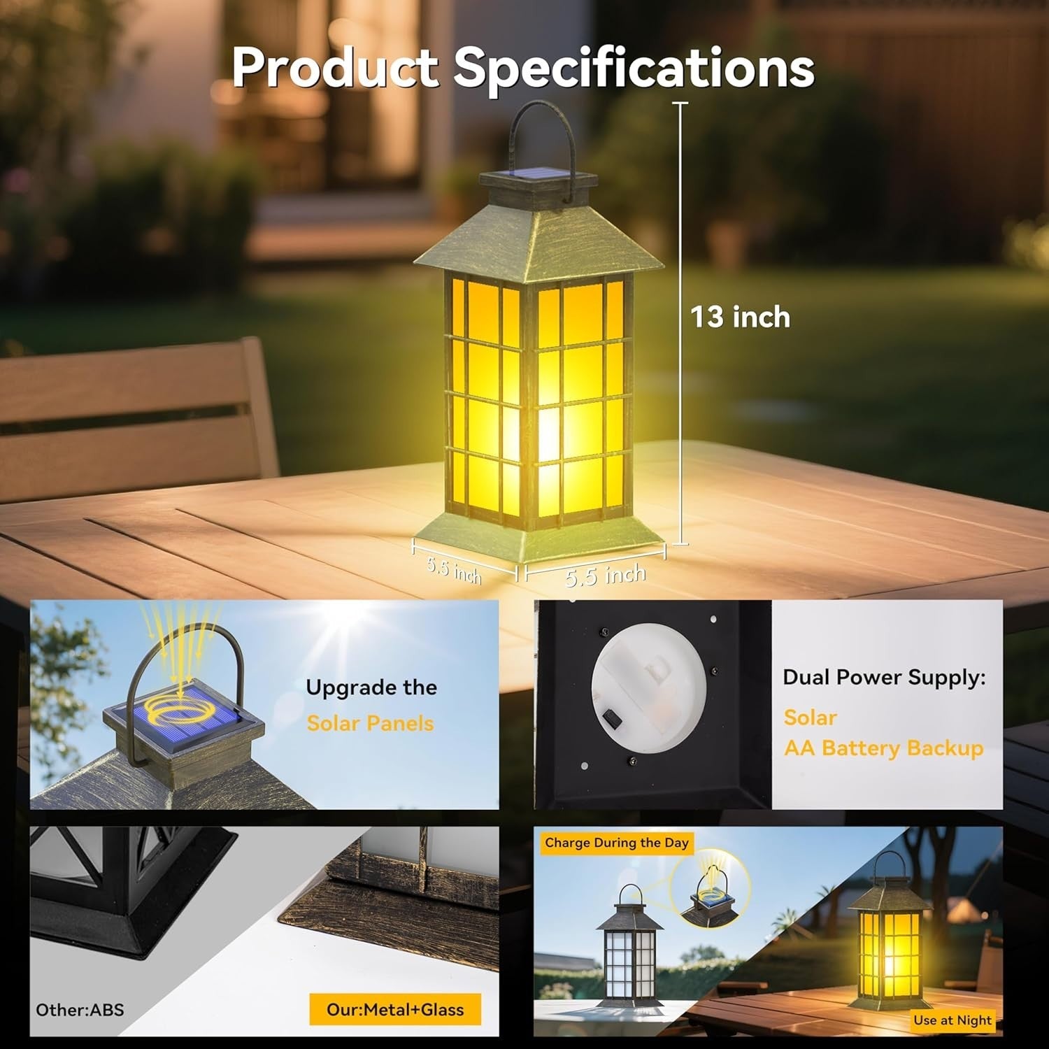anyperfect 2-Pack Solar Lanterns Flickering Flame 13" Bronze-Grid Glass Outdoor