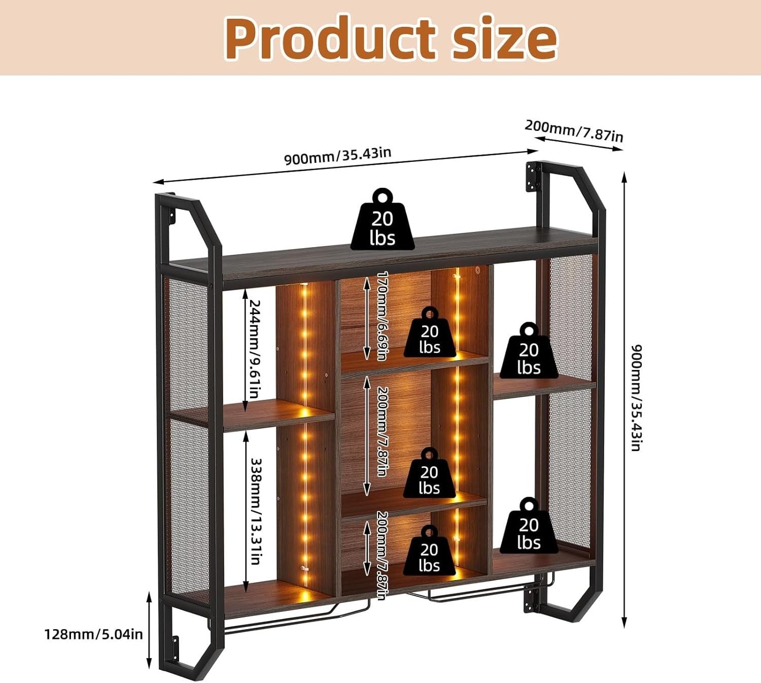 Wall Mounted LED Wine Rack Bar Shelf with Glass Holder Modern Metal Display