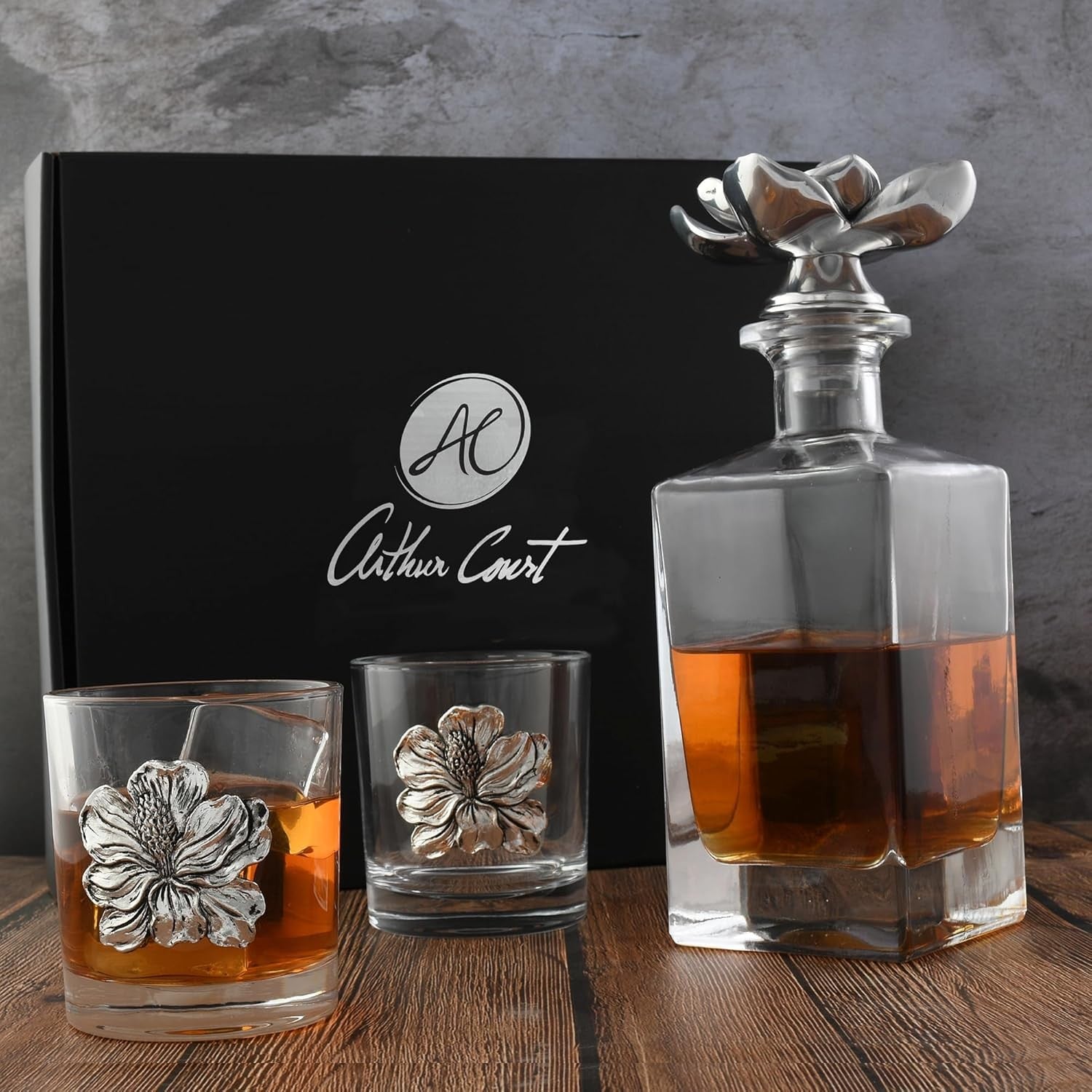 Luxury Magnolia Decanter Set 750ml with Floral Whiskey Glasses | Elegant Bar Gif