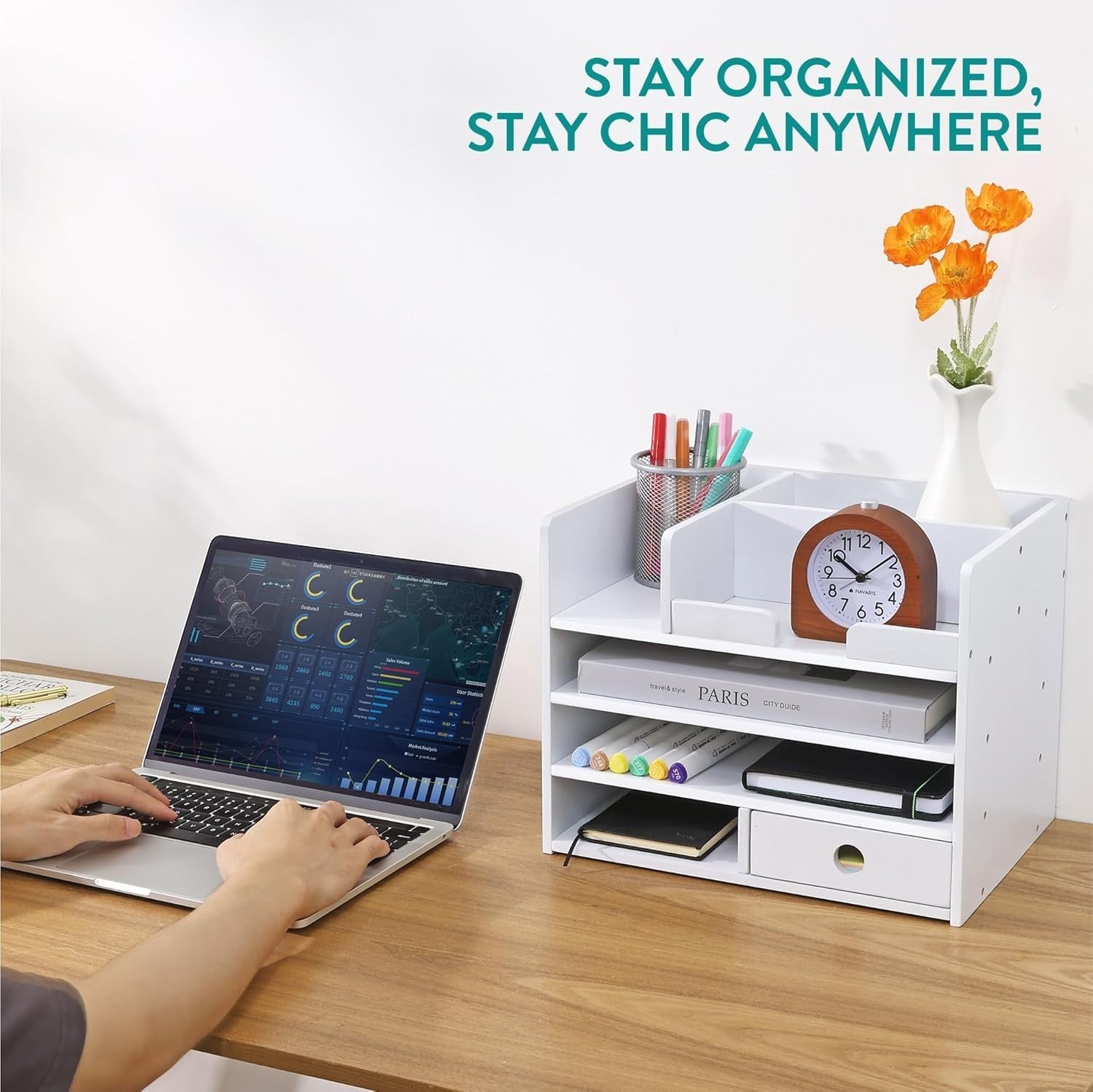 Bamboo Desk Organiser with 7 Drawers & Compartments for Office & Stationery