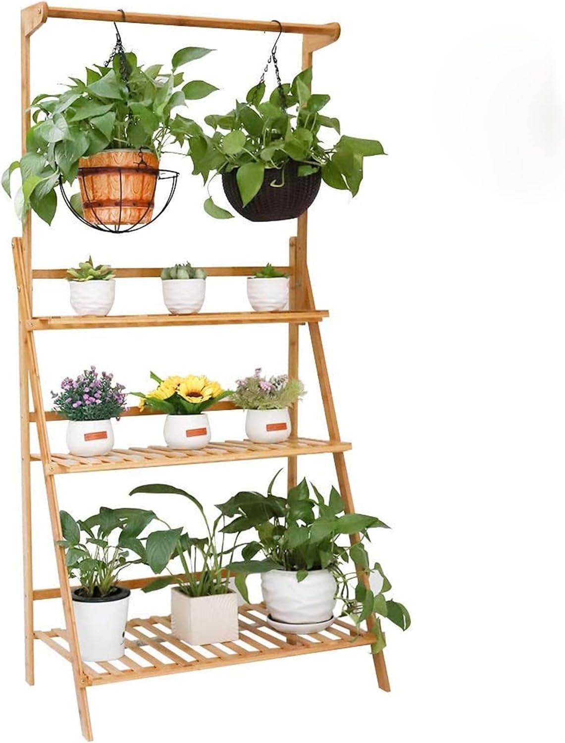 3 Tier Bamboo Plant Stand with Hanging Bar | Foldable Indoor Outdoor Ladder Shel
