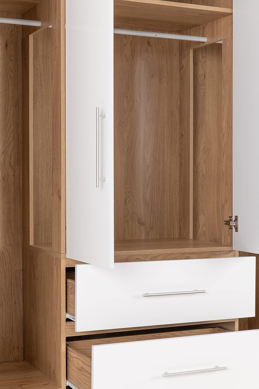 White Gloss 4 Door Wardrobe with 2 Drawers Oak Effect – Spacious & Lockable