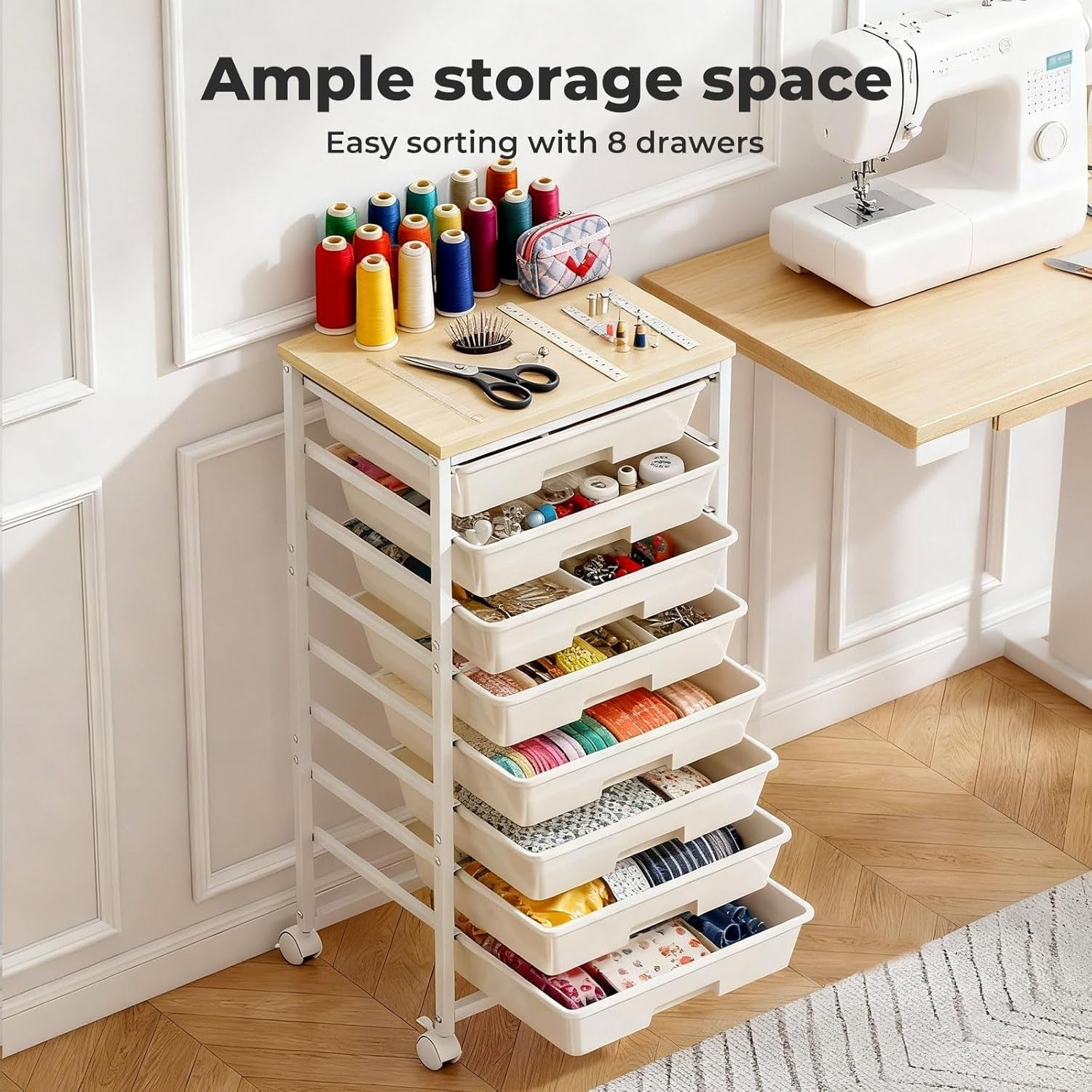 8 Drawer Rolling Storage Trolley Utility Cart Wooden Top White Wheels
