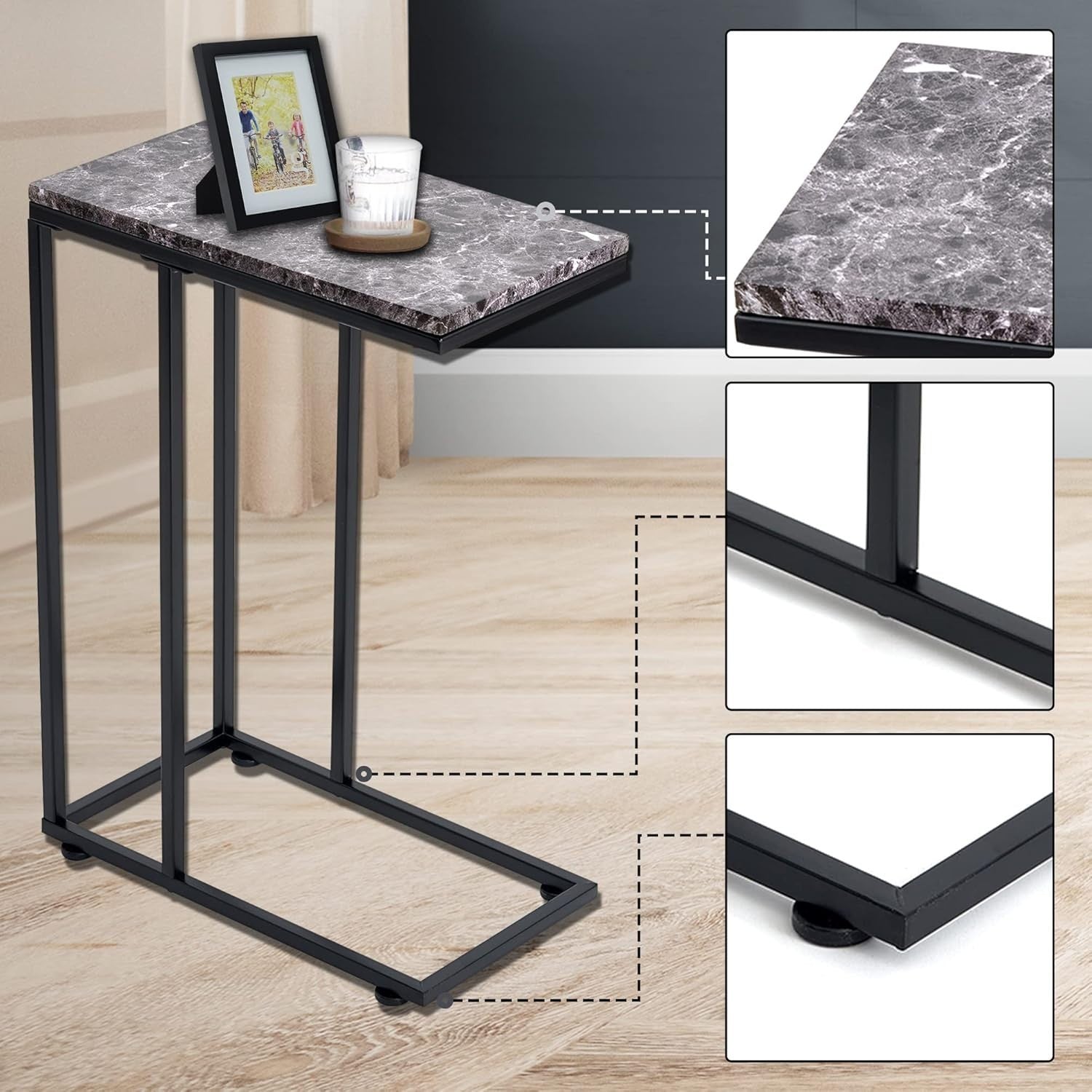 Black Marble C Shaped Sofa Side Table | Slim Coffee Snack Laptop Stand