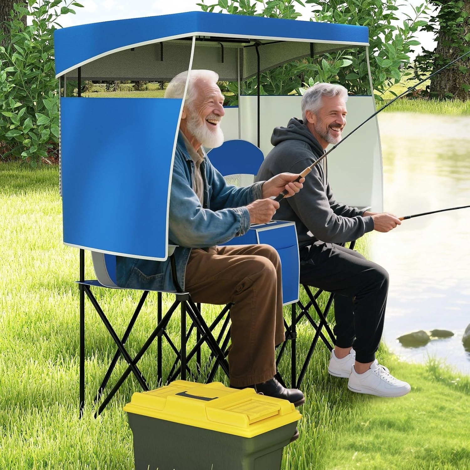 2 Seater Folding Camping Chair with Canopy, Cup Holders & Storage – Navy