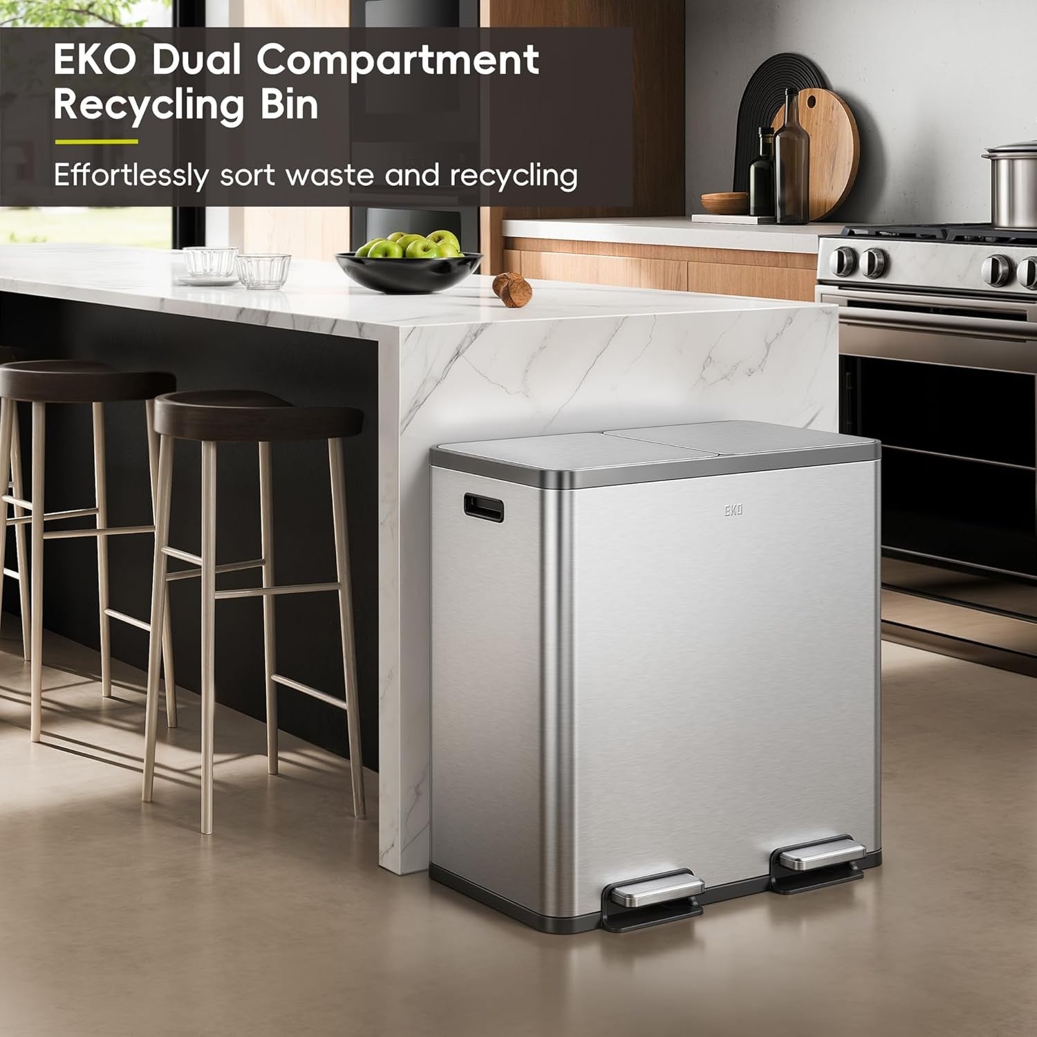 60L Dual Recycling Kitchen Bin 30L+30L Matt Black Pedal