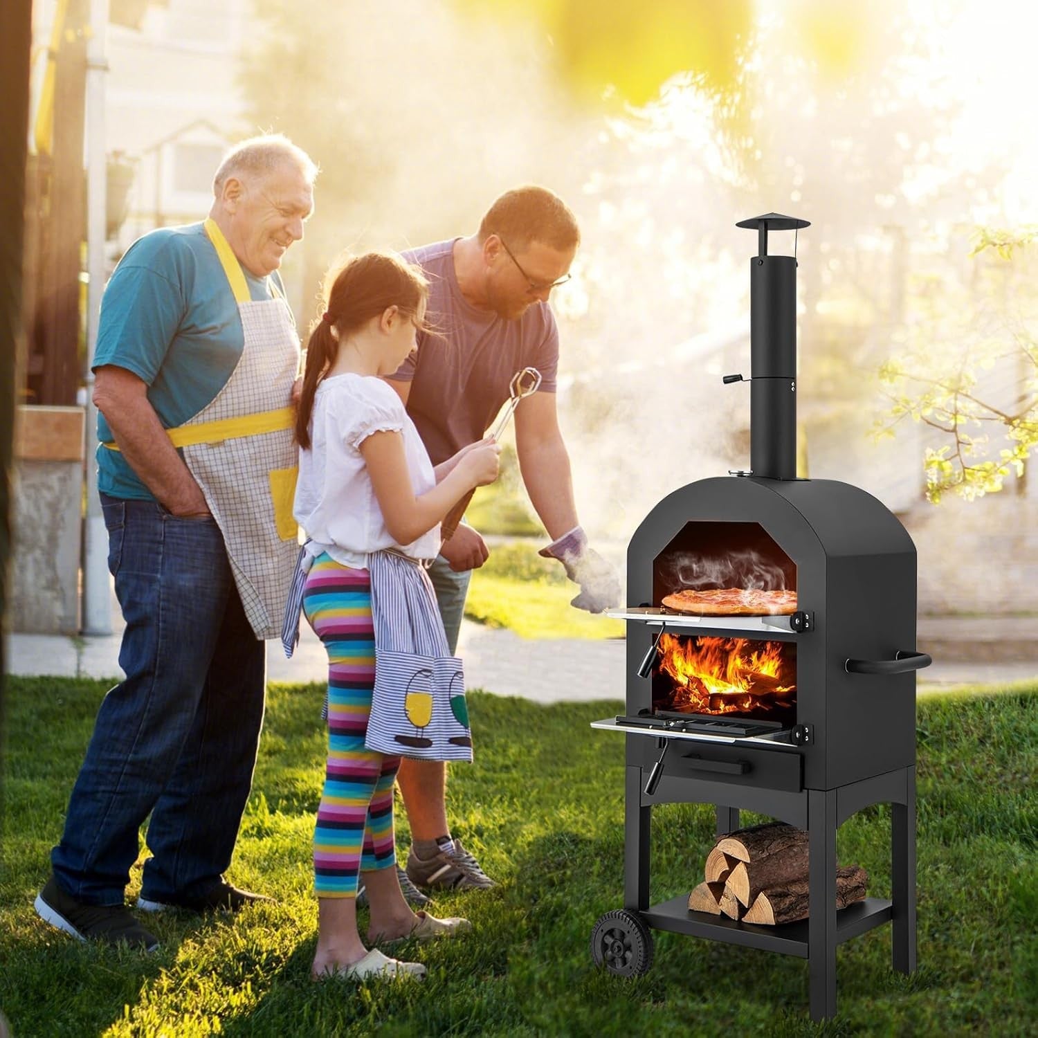 Outdoor Wood Fired Pizza Oven | BBQ Grill w/ Stone, Chimney, Thermometer & Cover