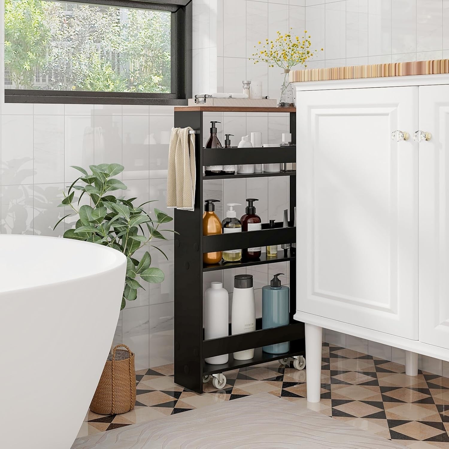 Slim Storage Trolley on Wheels 4 Tier Slide Out Kitchen Bathroom Organizer