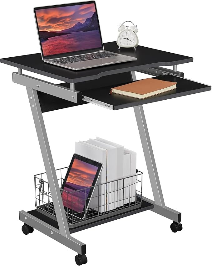 Mobile Laptop Desk on Wheels Z Shaped Small Computer Table with Keyboard Tray