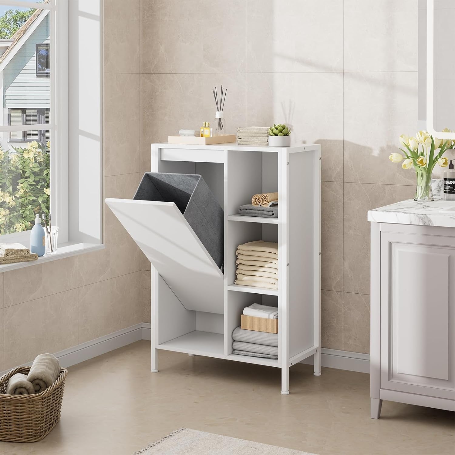 Bathroom Storage Cabinet with Laundry Basket 3 Tier Shelves White Slim Unit