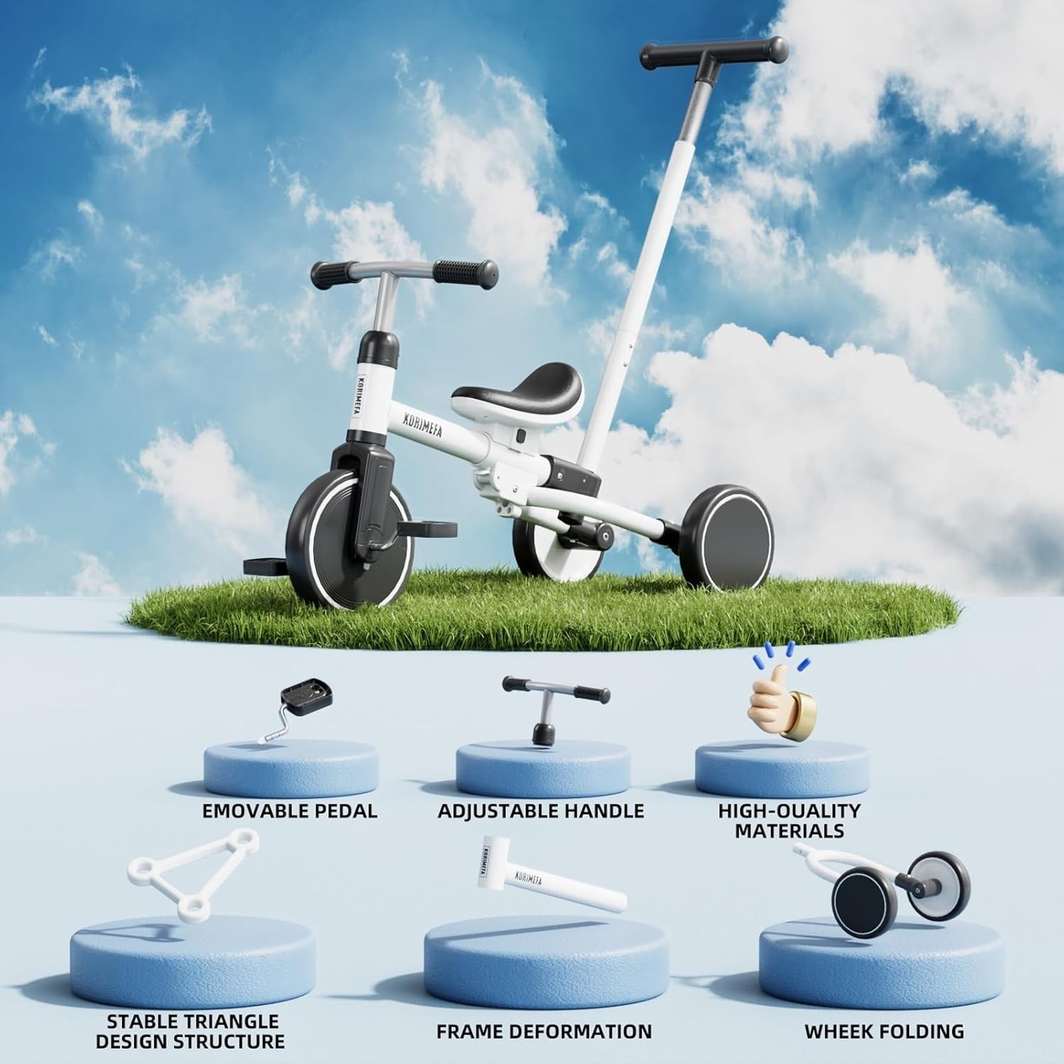 5 In 1 Toddler Tricycle Balance Bike Push Handle Adjustable Seat White