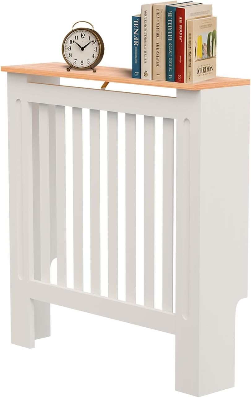 Small White Radiator Cover MDF Compact Classic Design with Oak Top Shelf
