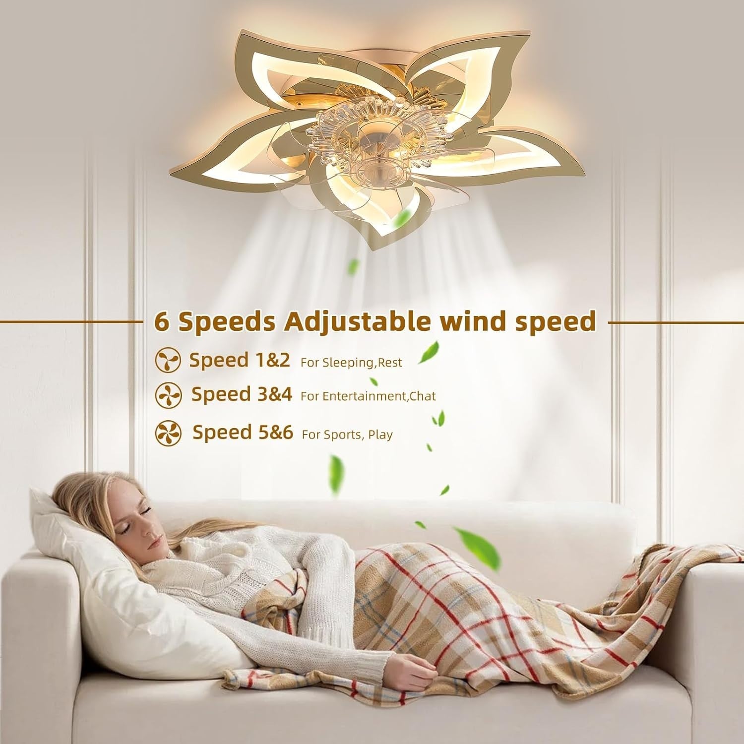 69CM Ceiling Fan Light, 6 Speeds, Dimmable LED, Remote, Gold, Bedroom/Living