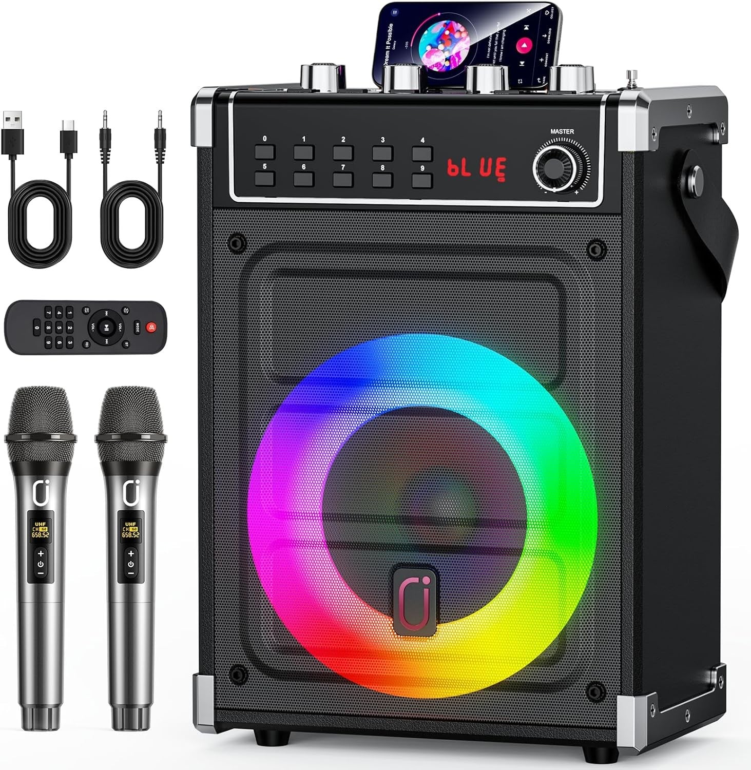 Karaoke Machine with 2 Wireless Mics Bluetooth 5.3 LED Speaker