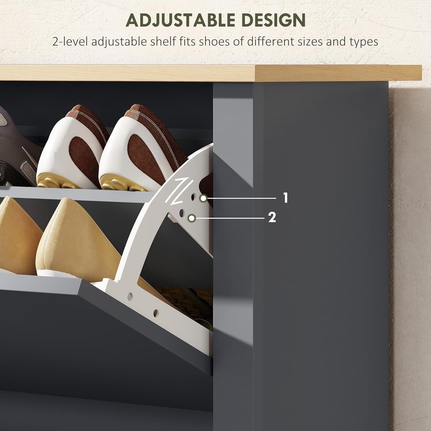 Space Saving Narrow Shoe Cabinet 2 Flip Drawers Adjustable Shelves Charcoal