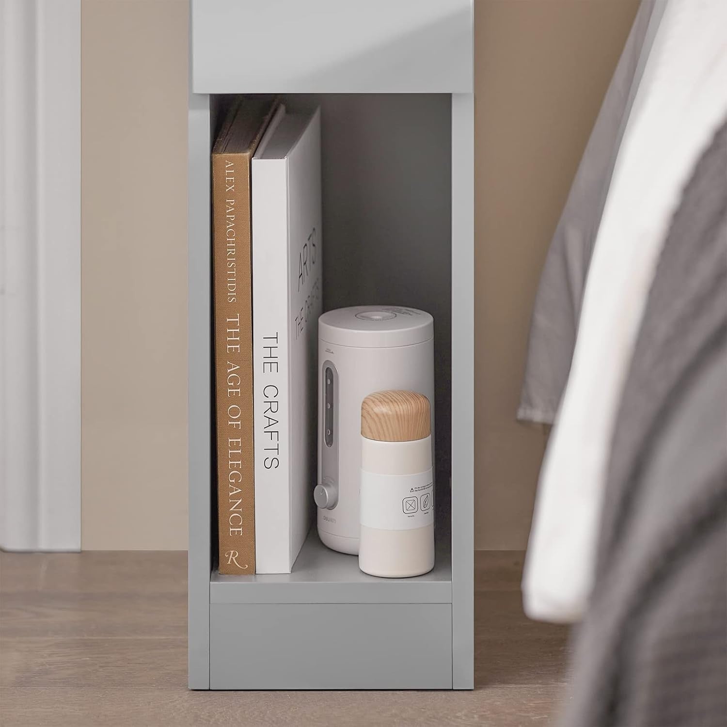 Set of 2 Slim Grey Bedside Tables with Drawer & Shelf