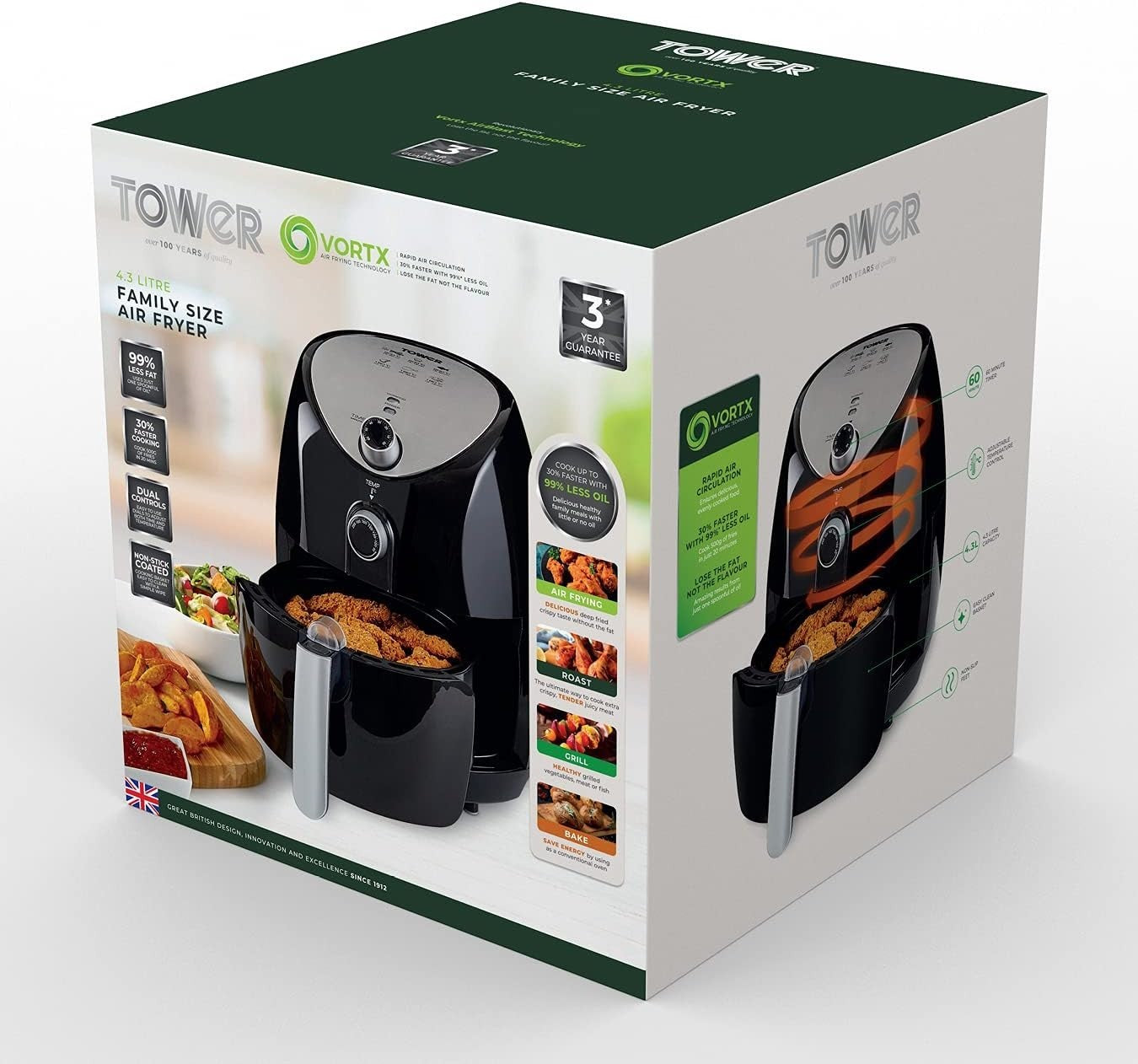 4.3L Family Size Air Fryer Vortx Tech Fast Healthy Cooker 1500W Roast Grill Bake