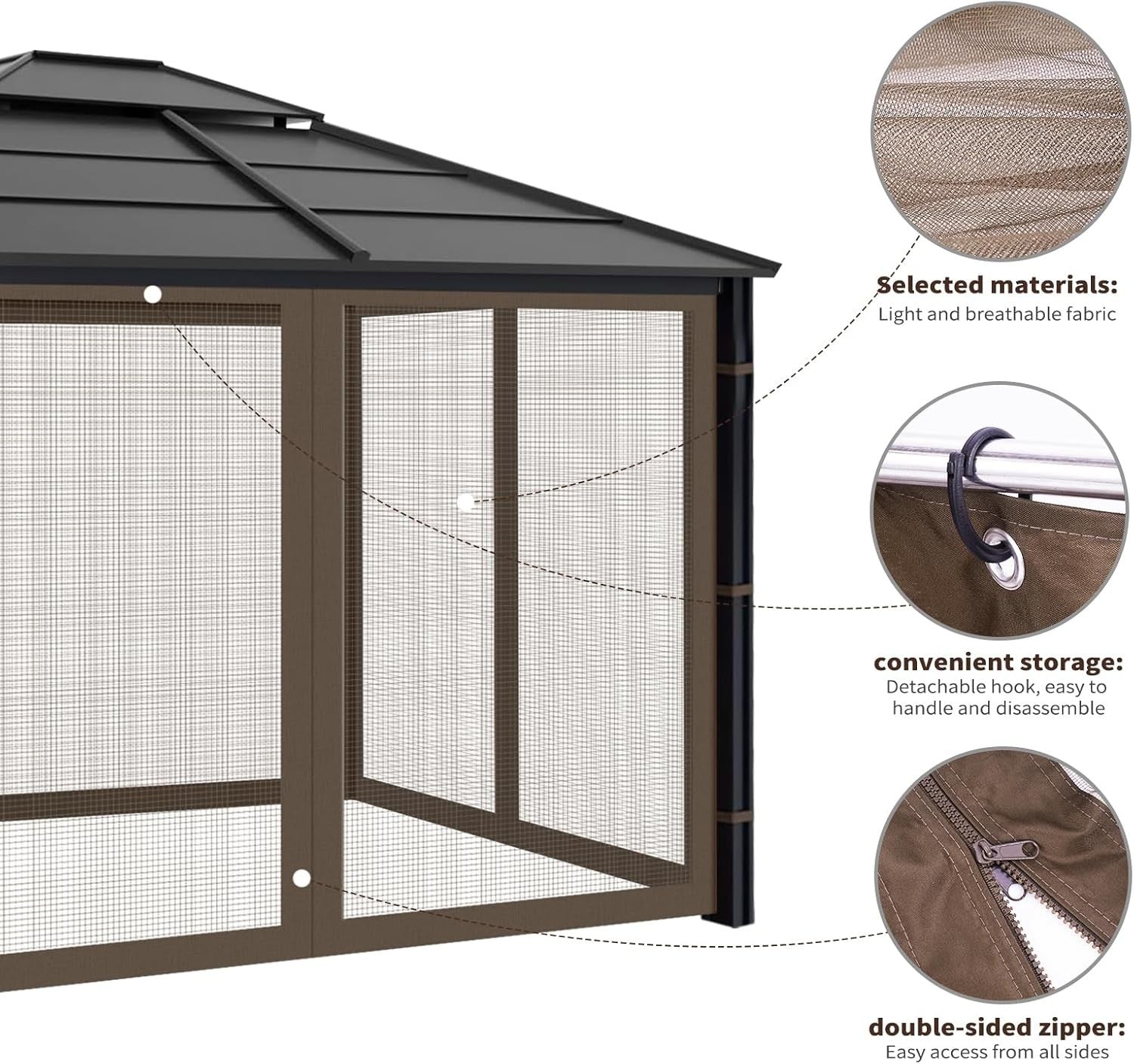 10x12ft Brown Gazebo Mosquito Netting 4 Panels Zipper Sidewalls Outdoor