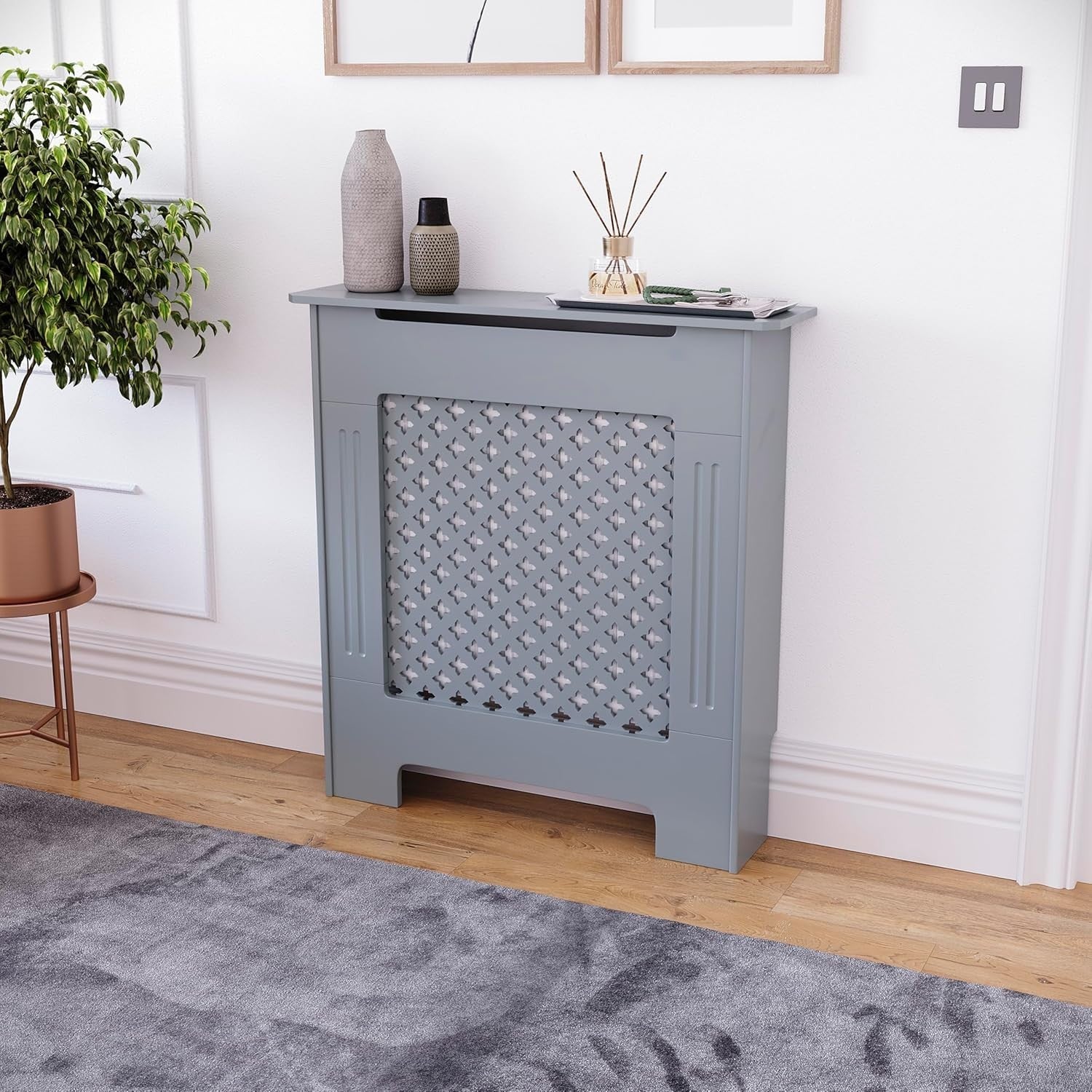 Small Grey Radiator Cover 82x78x19cm Modern Cross Pattern MDF Cabinet