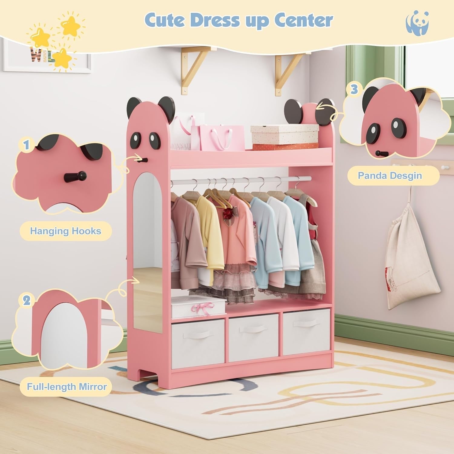 Kids Wardrobe with Mirror & 3 Drawers, Pink Panda Design, Storage & Hanging Rail