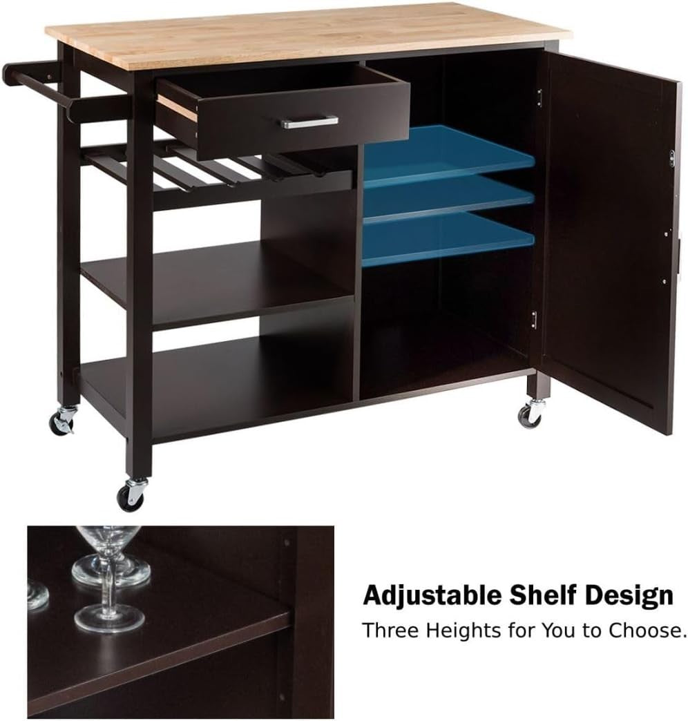 Mobile Kitchen Island Cart with Oak Top, Adjustable Shelves, Wine & Towel Rack