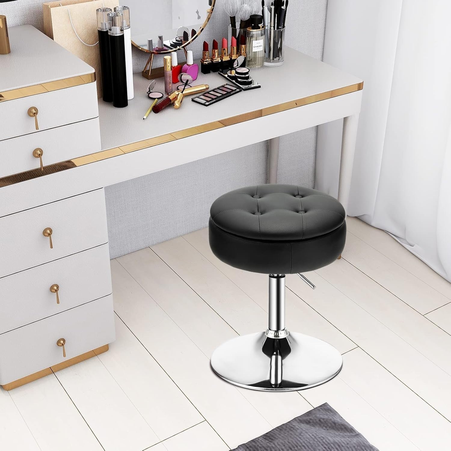 Black PU Leather Swivel Vanity Stool Adjustable w/ Storage & Tray Lid Round Seat
