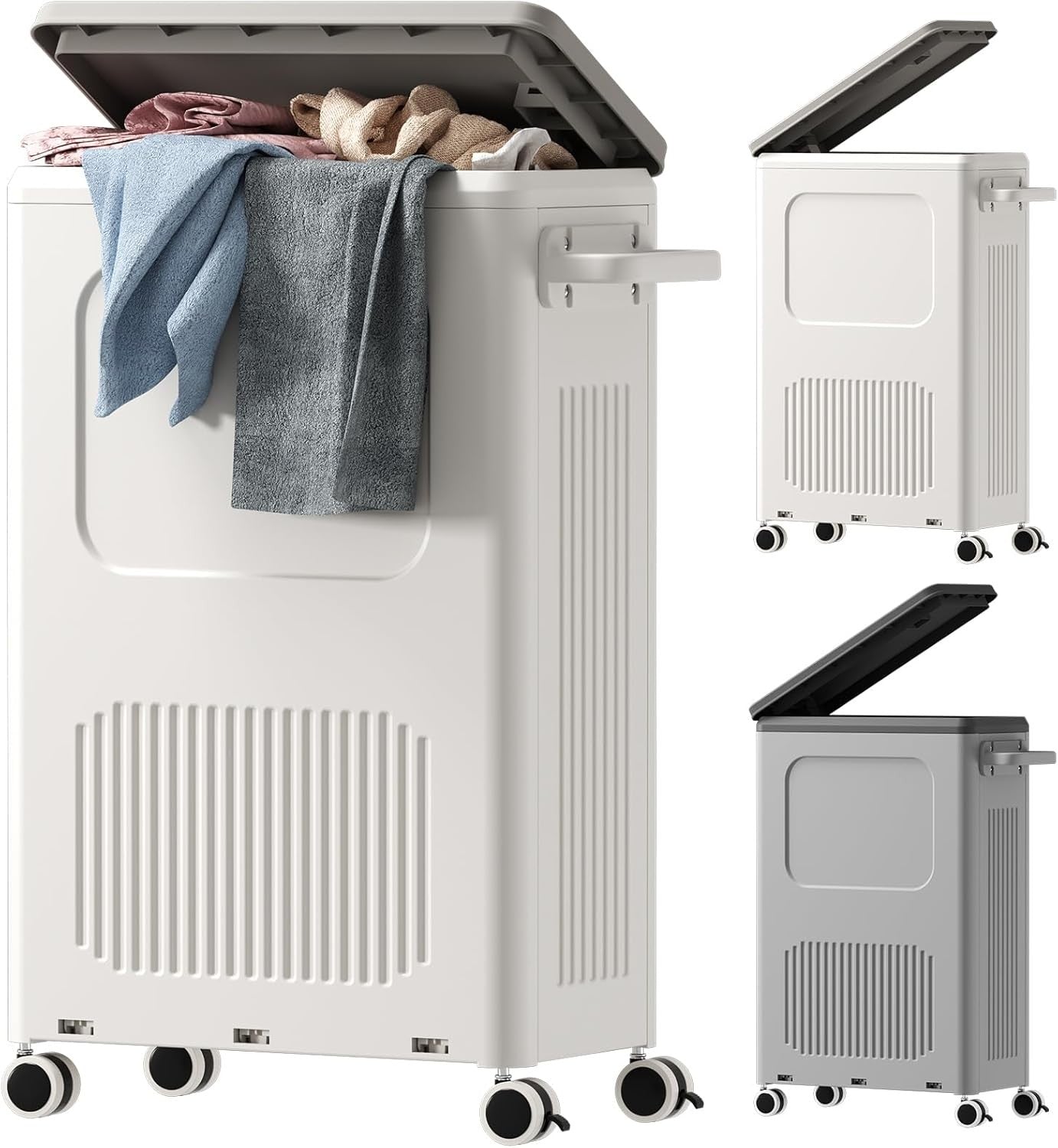50L Slim Laundry Basket with Lid & Wheels | Narrow Rolling Hamper for Bathroom