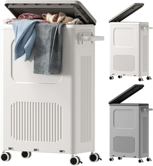 50L Slim Laundry Basket with Lid & Wheels | Narrow Rolling Hamper for Bathroom