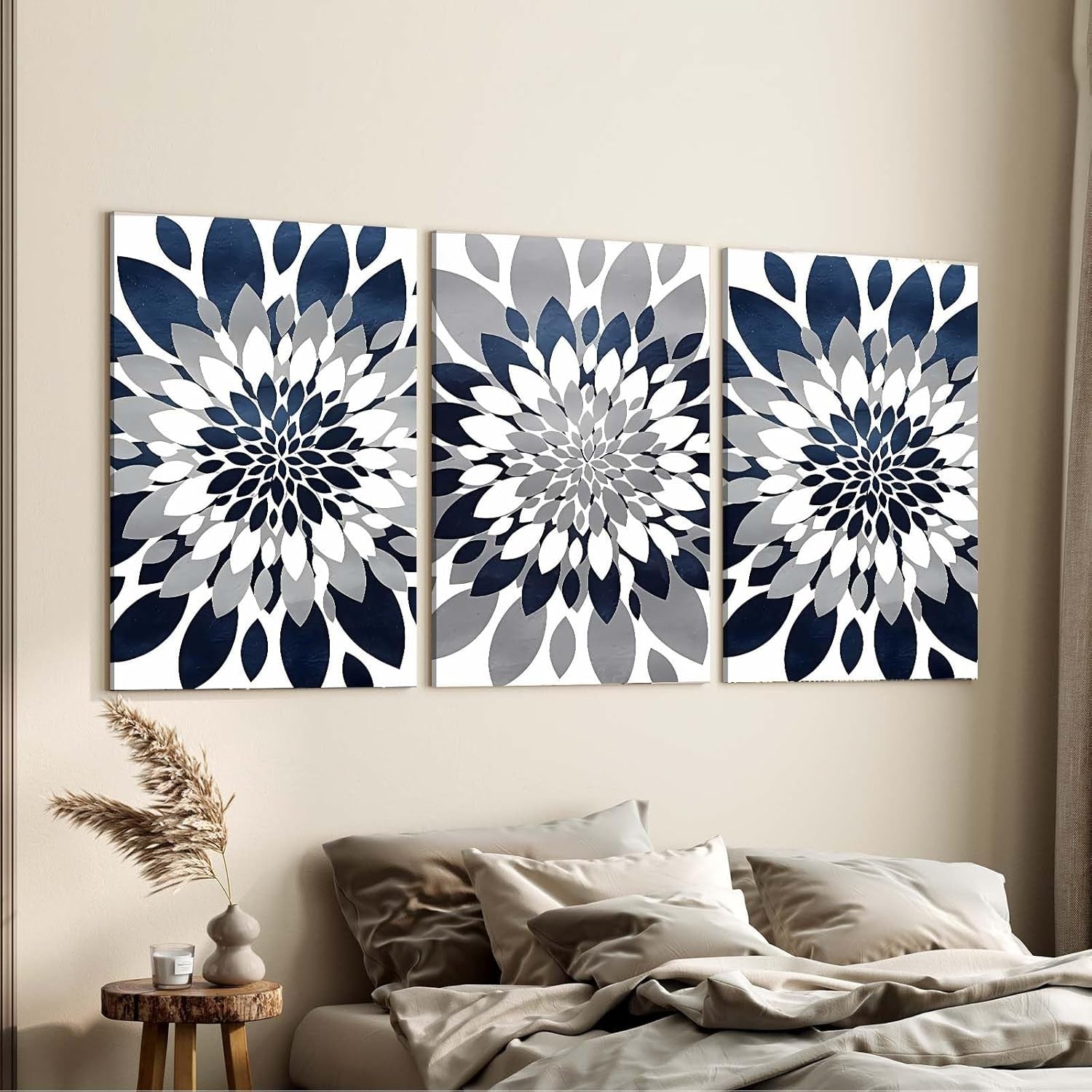 Framed Canvas Wall Art Set of 3 Navy Grey Mandala Prints 12x16 Modern Decor