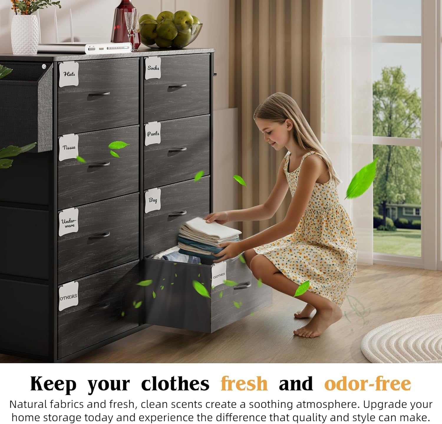 8 Drawer Black Fabric Storage Cabinet w/ Side Pocket 80x30x97cm