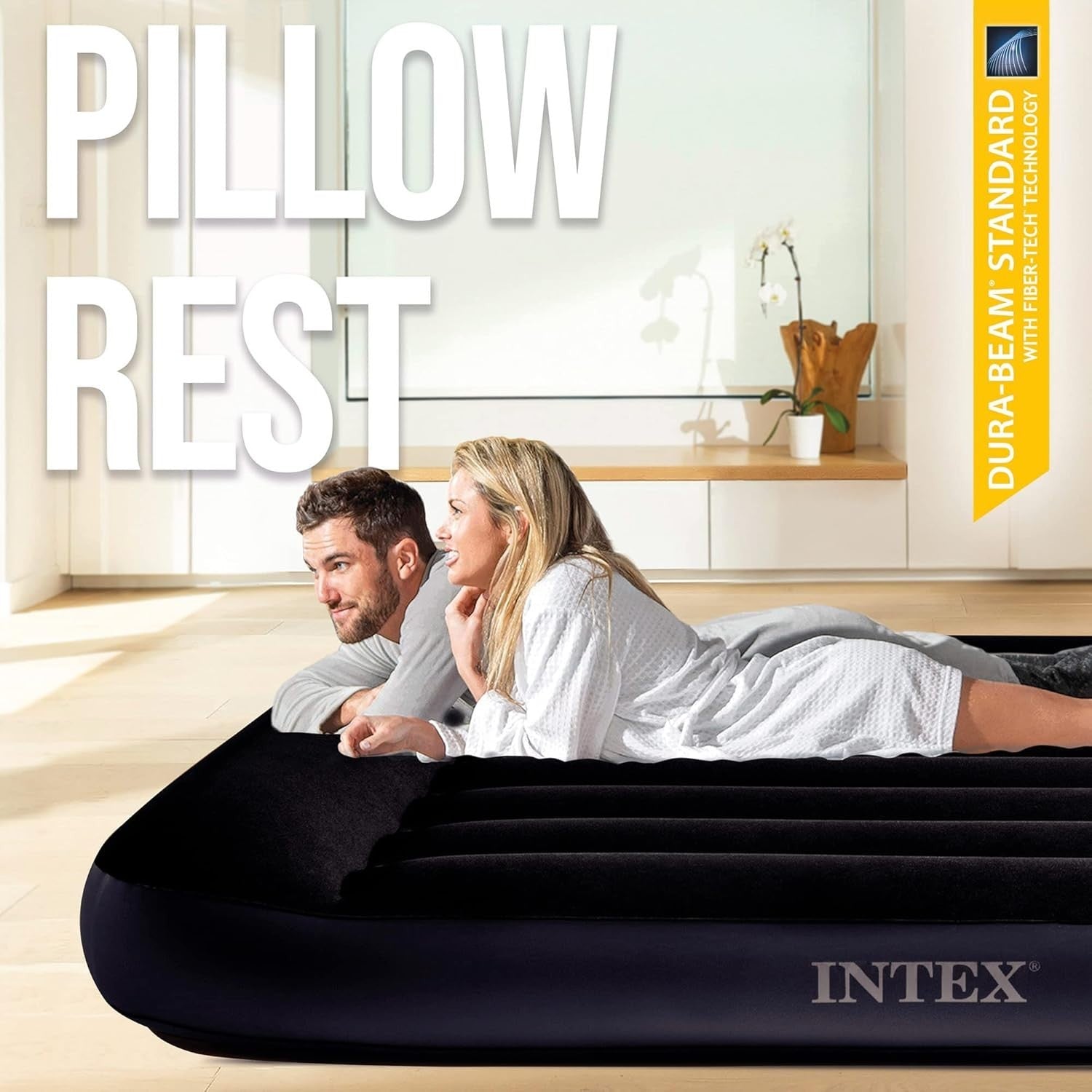 Full Inflatable Air Bed w/ Built-In Pump Pillow Rest Fibre Support