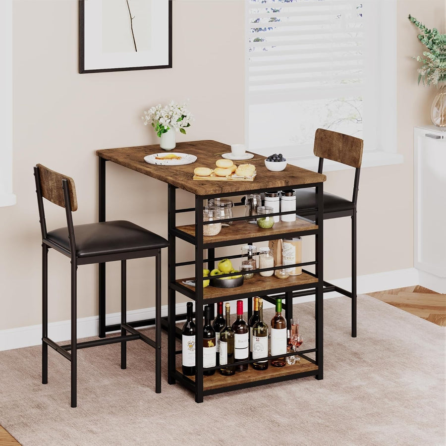 3 Pieces Bar Table Set 2 Upholstered Stools & Storage Shelves High Dining Brown