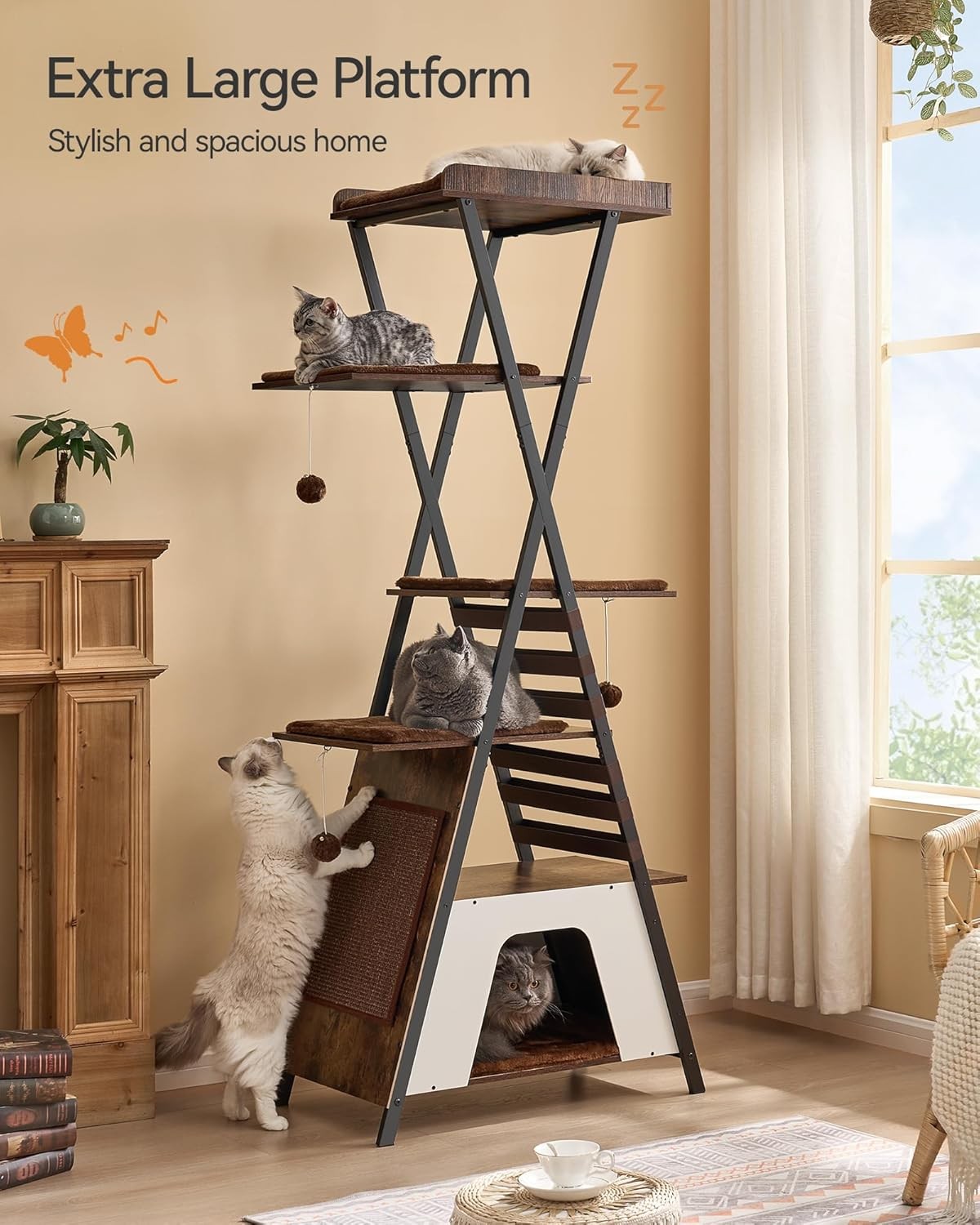 Modern Cat Tree Tower 184cm Multi Level Condo Scratcher with Ladder & Caves