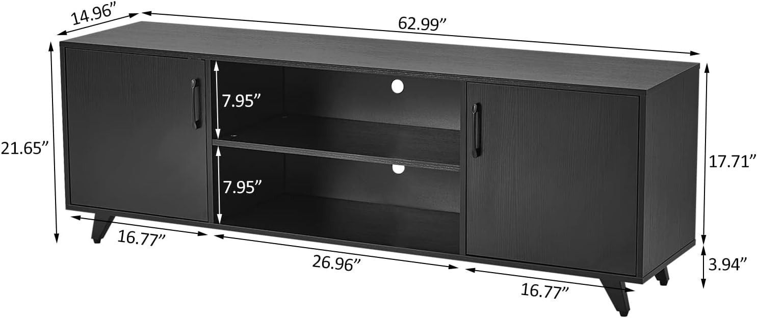 TV Stand Cabinet for 70" TV, Modern Black Unit with Storage & Shelves