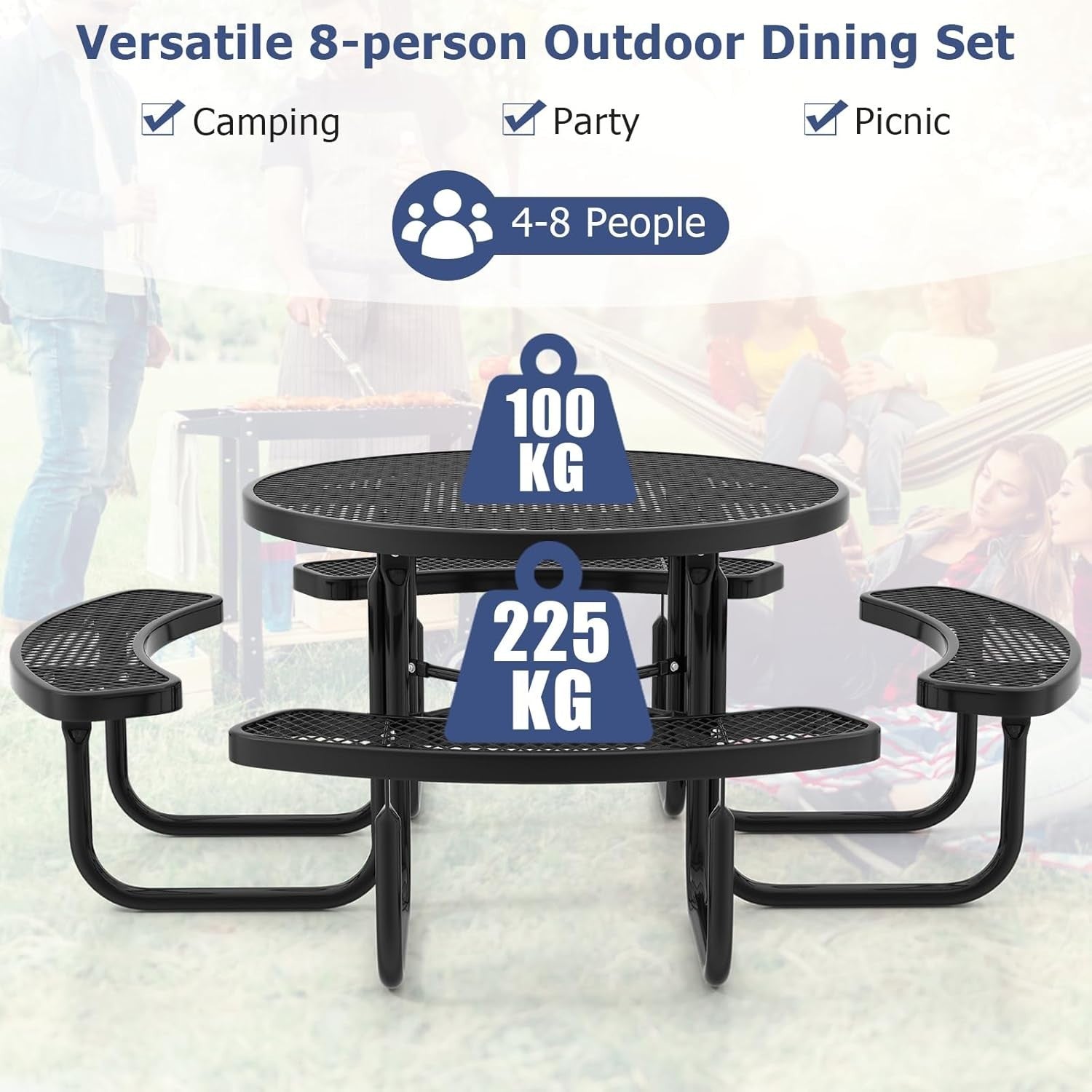 8-Seater Round Picnic Table & Bench Outdoor Dining Set with Umbrella Hole