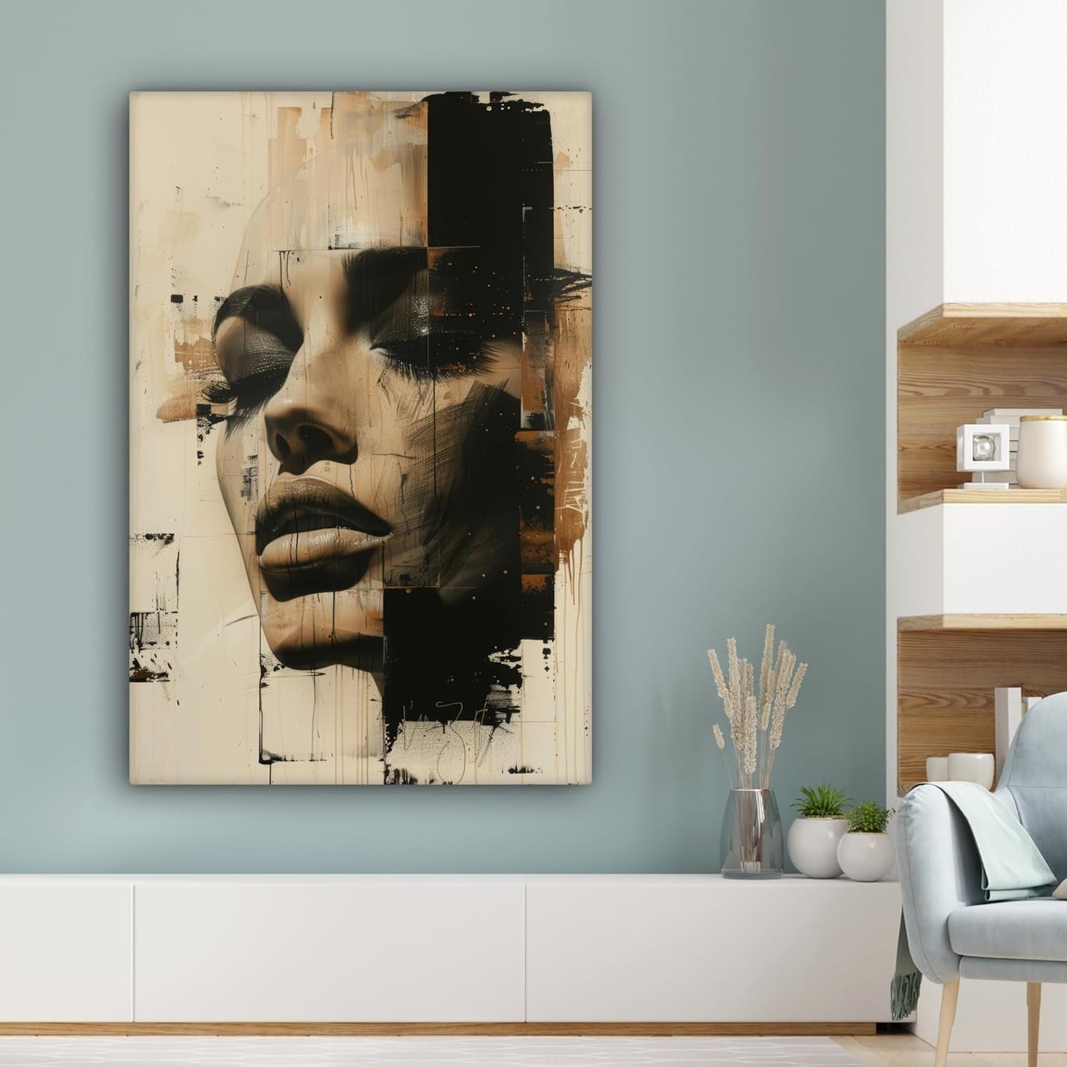 Large Abstract Woman Canvas Wall Art Modern Beige Face Print 80x120cm Decor