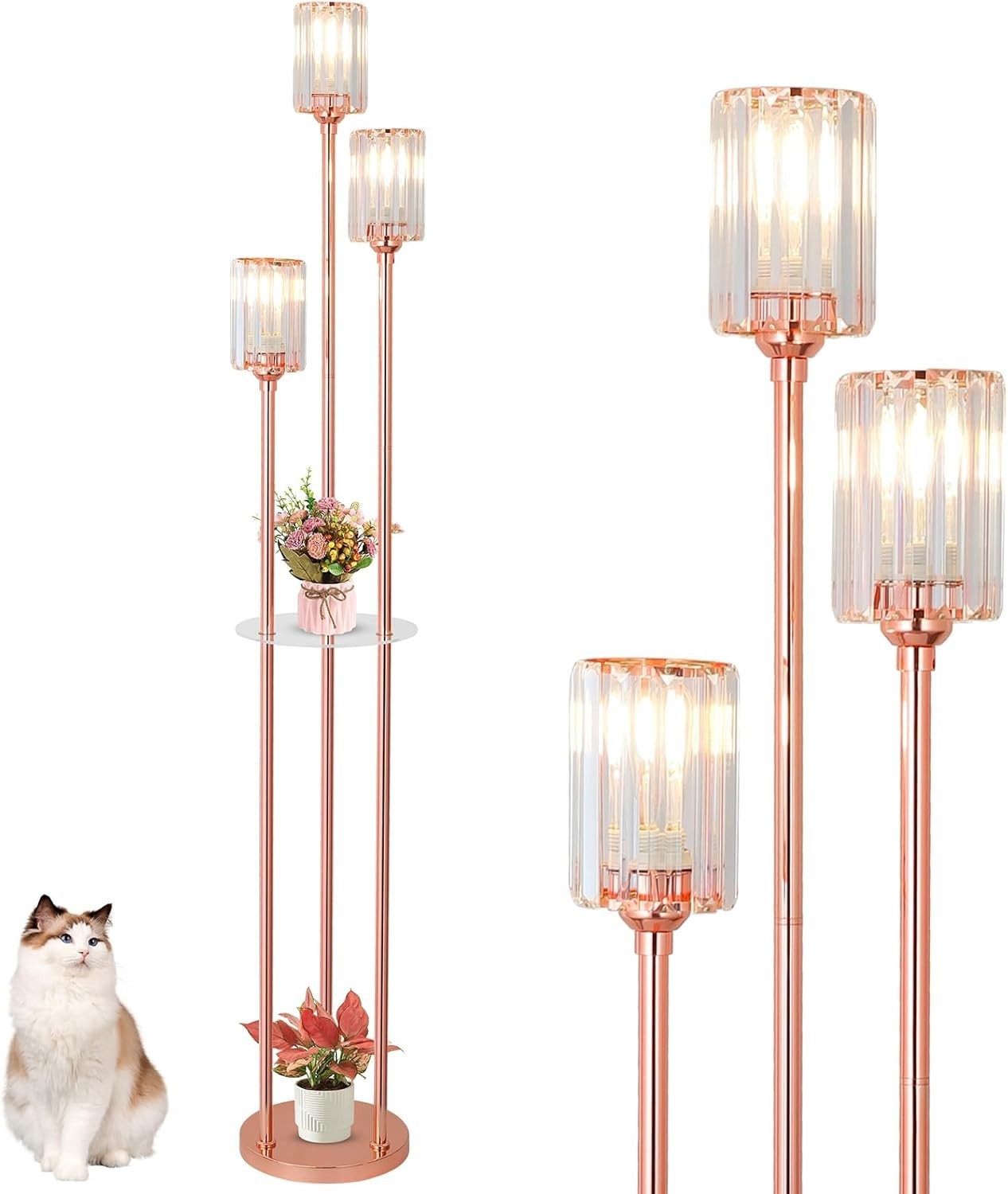 3-Light Rose Gold Floor Lamp with Glass Shades & Shelves | Modern Standing Light