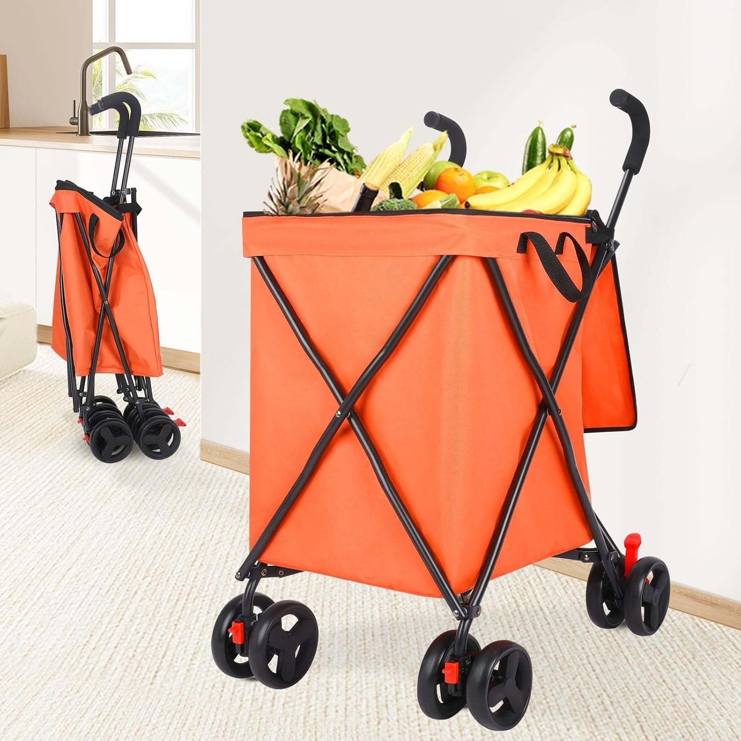 Folding 4 Wheel Shopping Trolley Heavy Duty Steel Cart 120lb