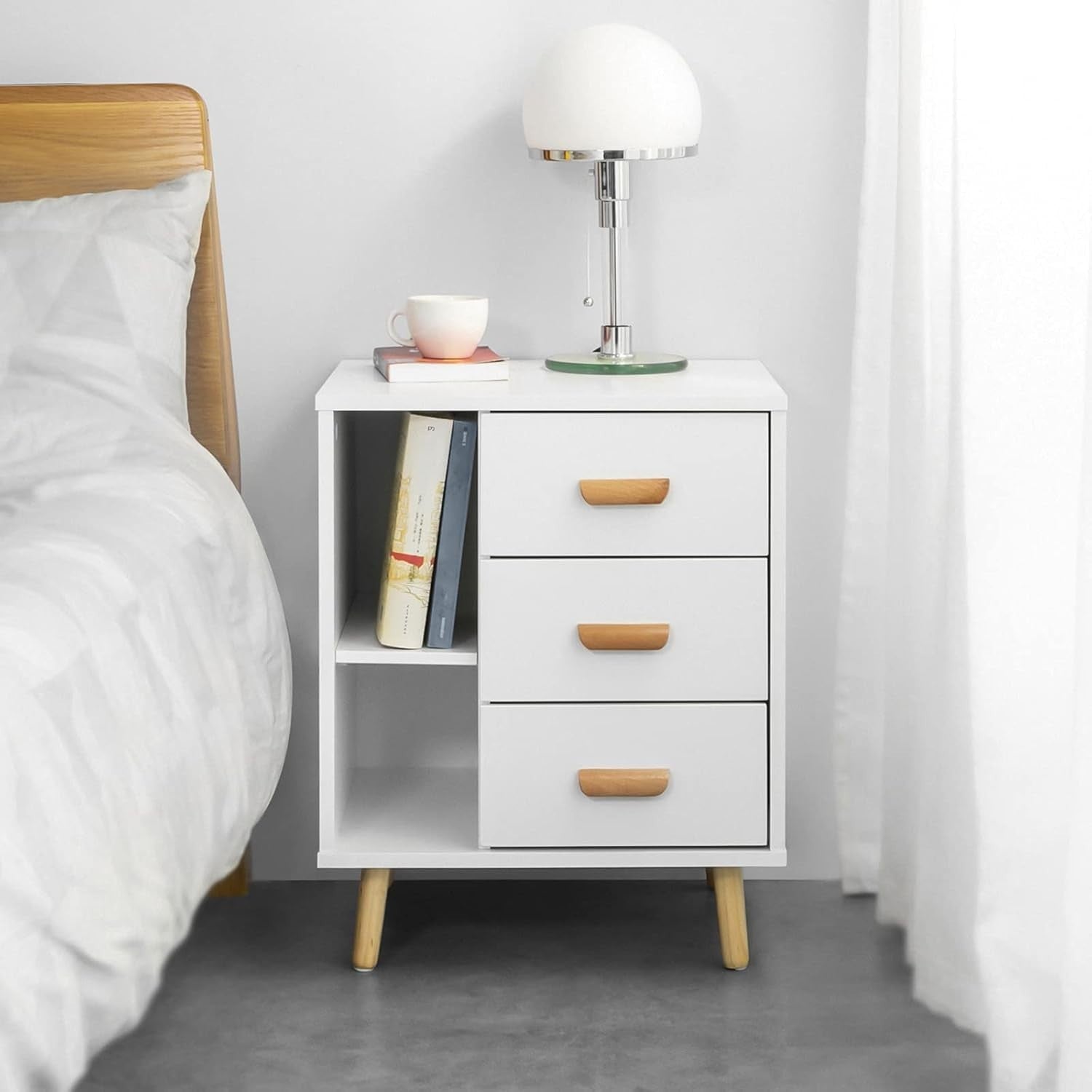 Modern White 3 Drawer Bedside Table with Shelves – Scandinavian Storage Unit