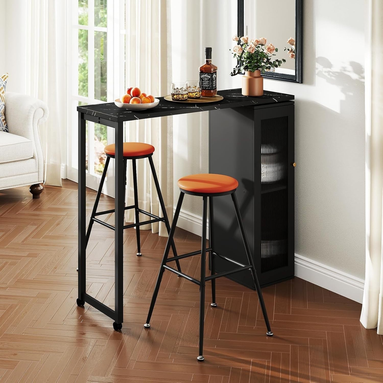 3 Piece Bar Table Set with Stools & Storage Cabinet Faux Marble Swivel Dining