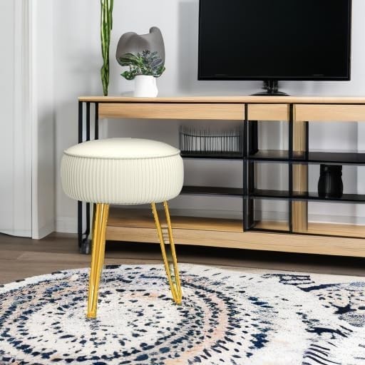 White Velvet Pleated Vanity Stool Round Ottoman with Gold Steel Legs